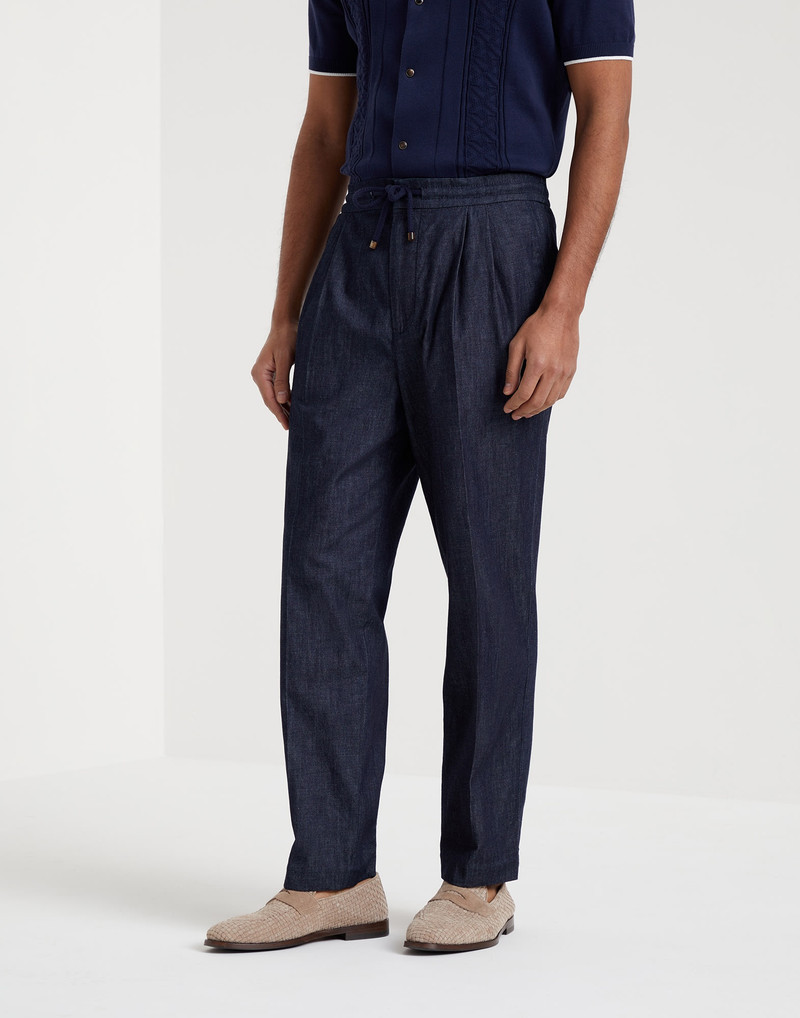 Lightweight denim leisure fit trousers with drawstring and double pleats 1