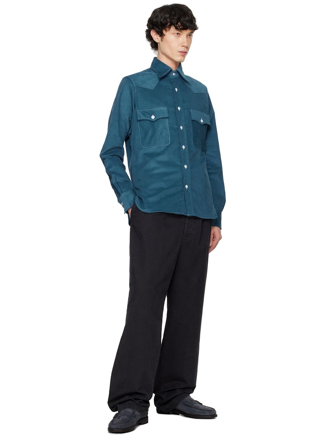 Blue Corduroy Two-Pocket Western Shirt - 4