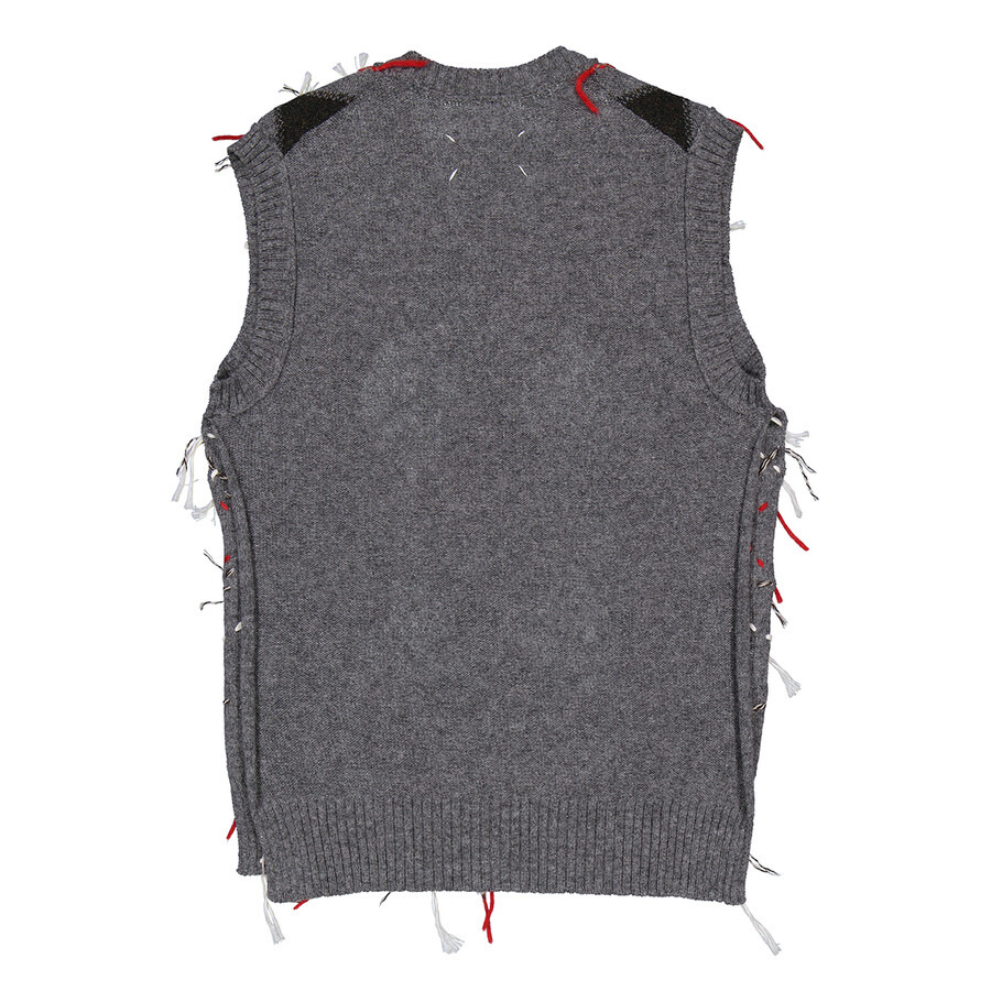 Maison Margiela Men's Grey / Dark Green / Walnut Cut-Out Intarsia-Knit Vest - 2