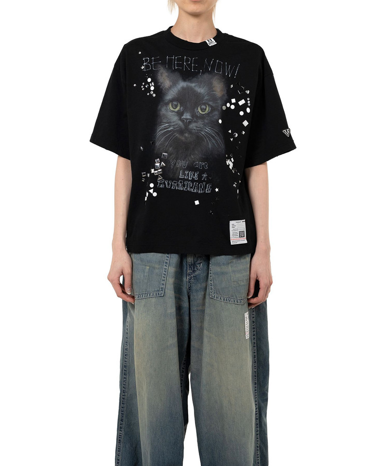 Cat Printed Embellished Distressed T-Shirt 9