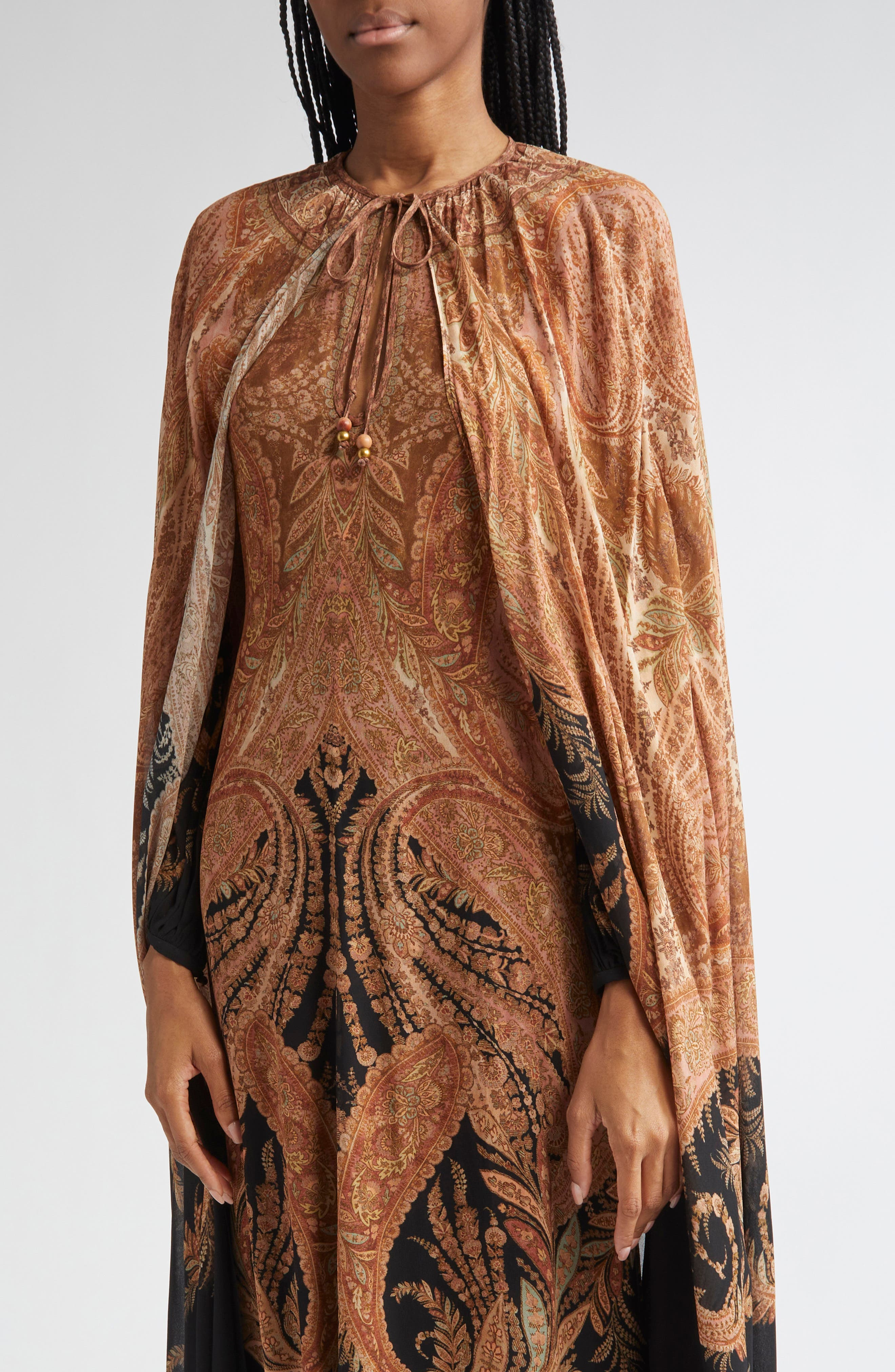 Zimmermann Hypnotic Paisley Long Sleeve Dress with Removable Cape in Light Brown/Black Paisley at No - 5