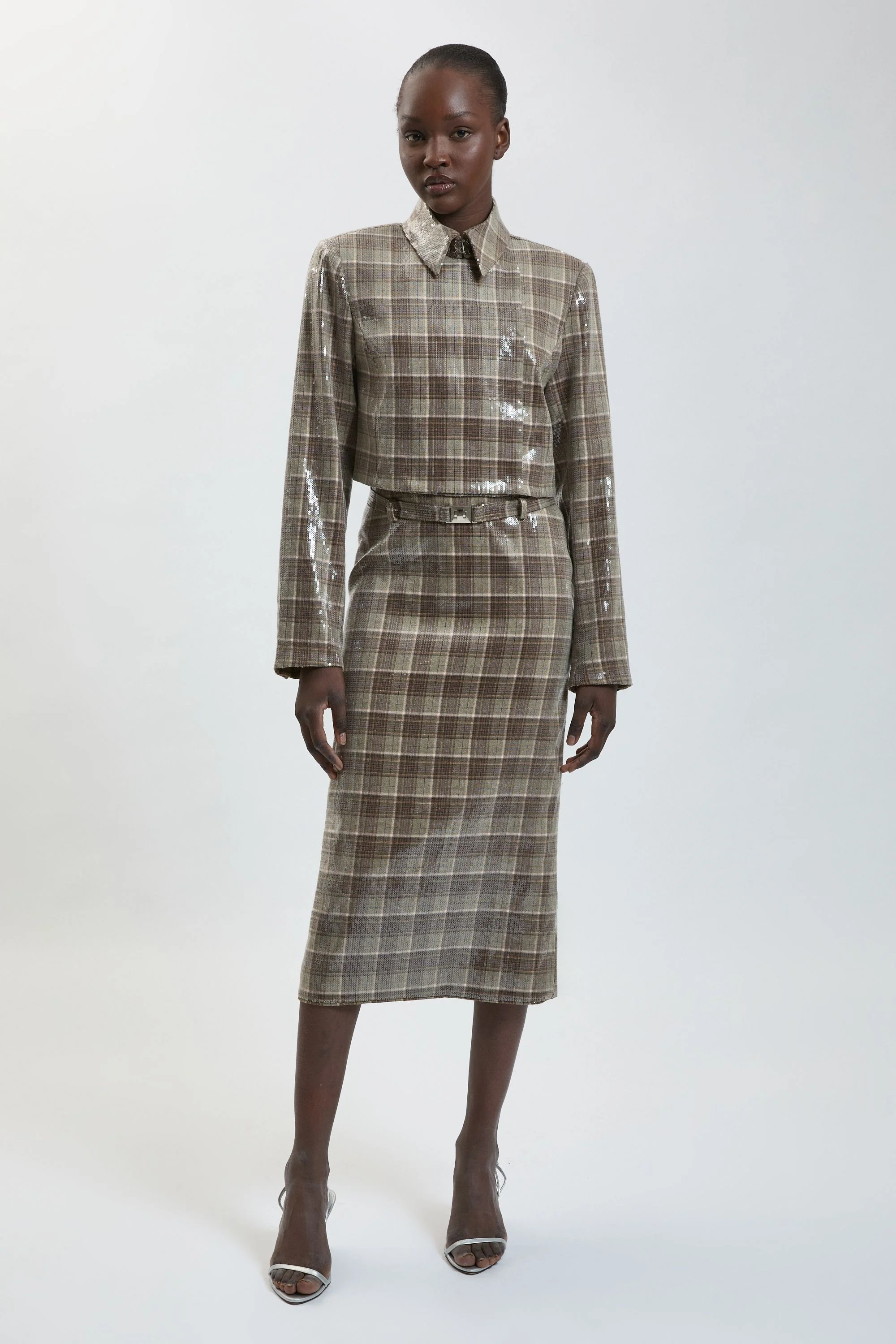 Sequin Tailored Belted Midi Skirt - 1