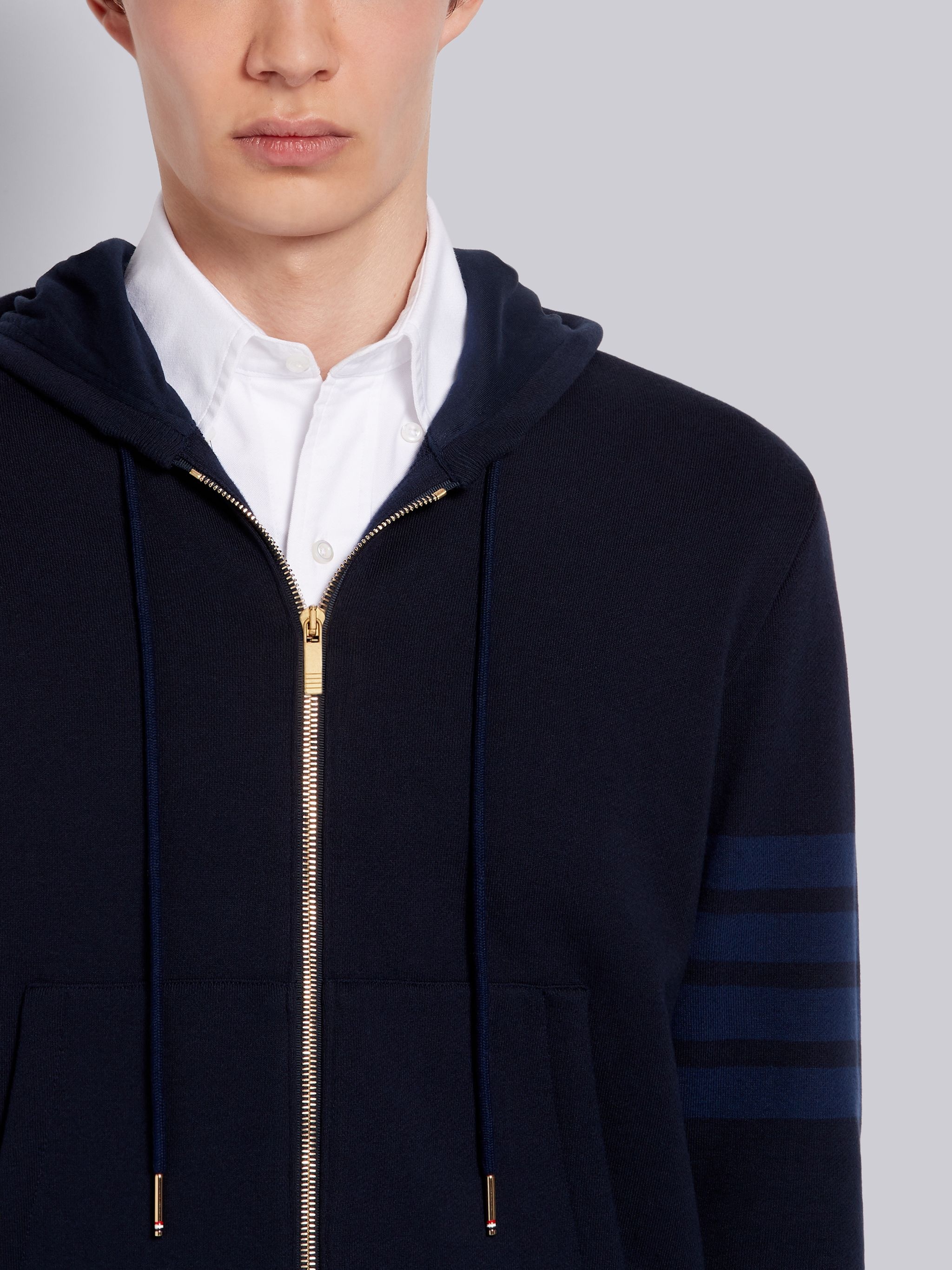 Navy Cotton Loopback Relaxed Fit Tonal 4-Bar Zip-up Hoodie - 5