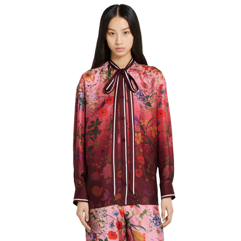 Printed silk shirt with neck bow 3