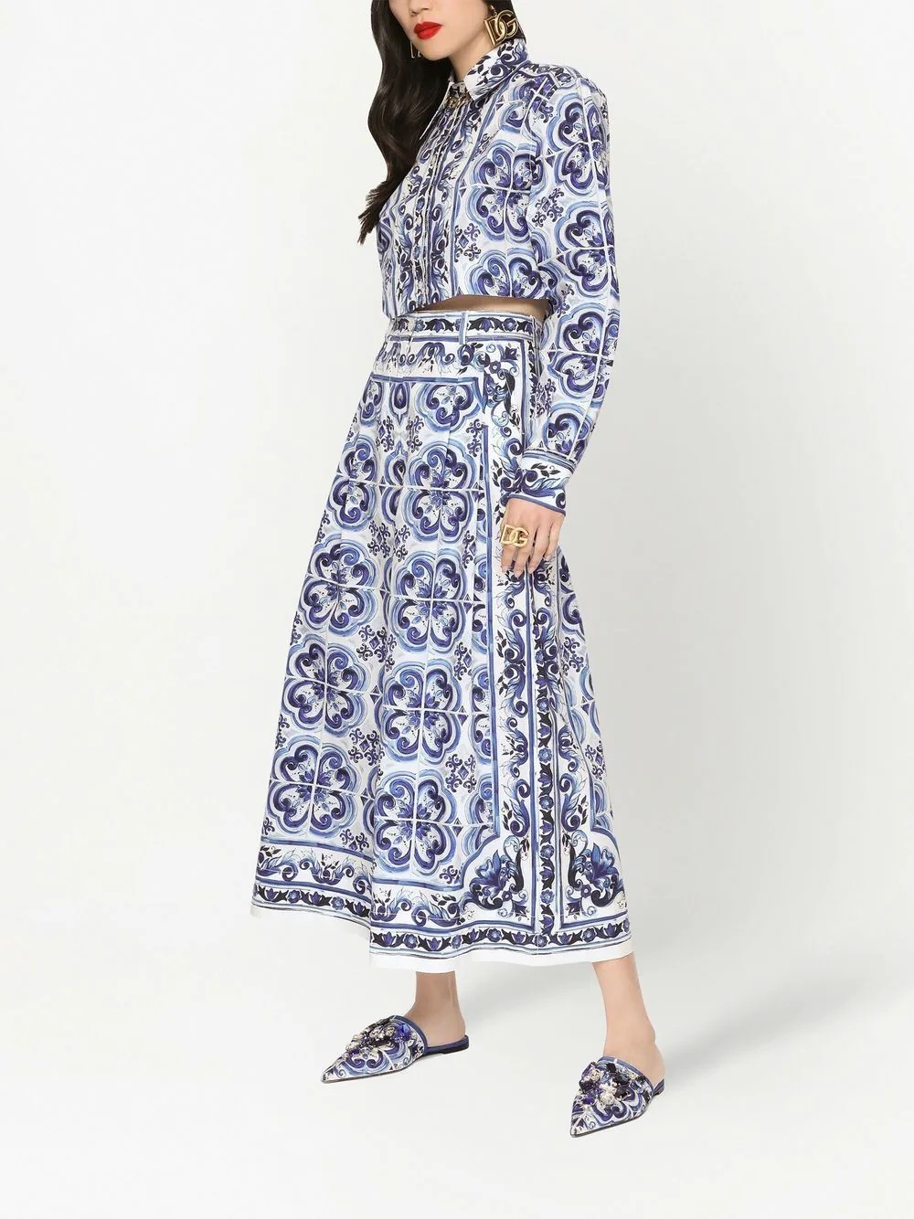 Majolica-print cropped culottes - 3