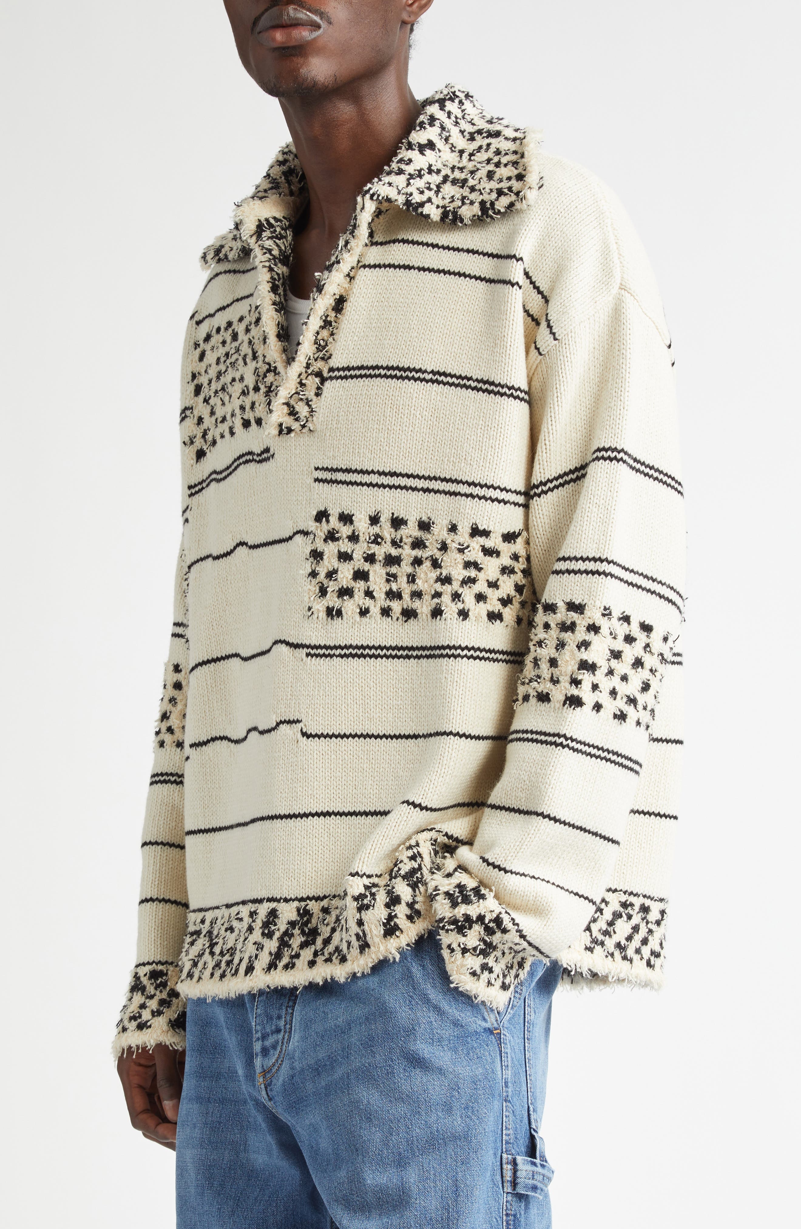 Mixed Knit Cotton & Wool Polo Sweater - 5