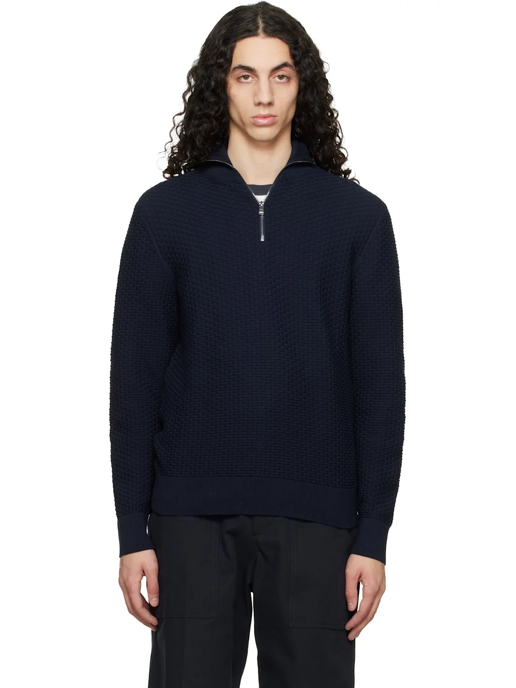 Navy Quarter-Zip Cotton Track Jacket - 1