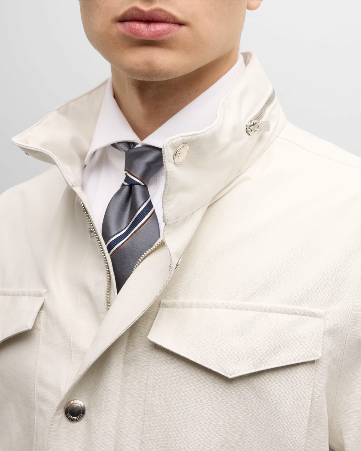 Men's Linen-Silk Concealed Zip Safari Jacket - 8