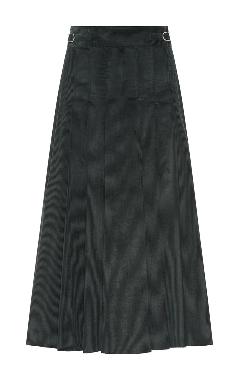 Wesley Pleated Midi Skirt in English Green Sea Island Cotton Corduroy 1