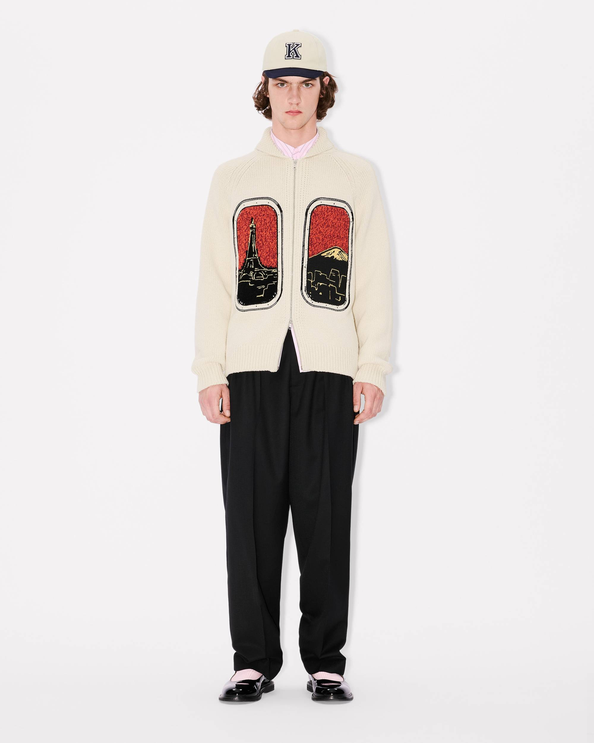 'KENZO City' embroidered zipped knitted cardigan in wool cotton - 5