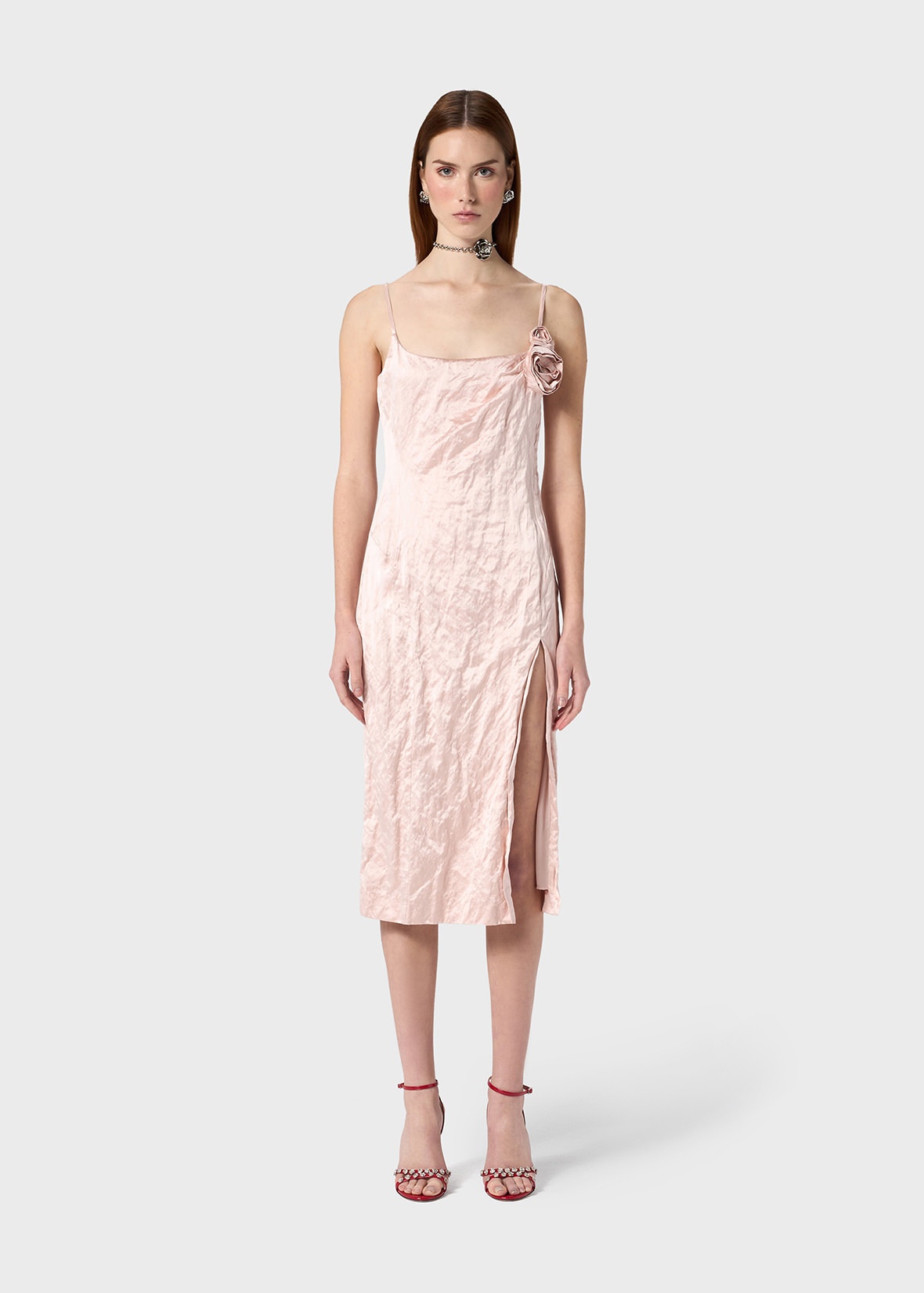 CRINKLED SATIN DRESS WITH 3D ROSES - 3