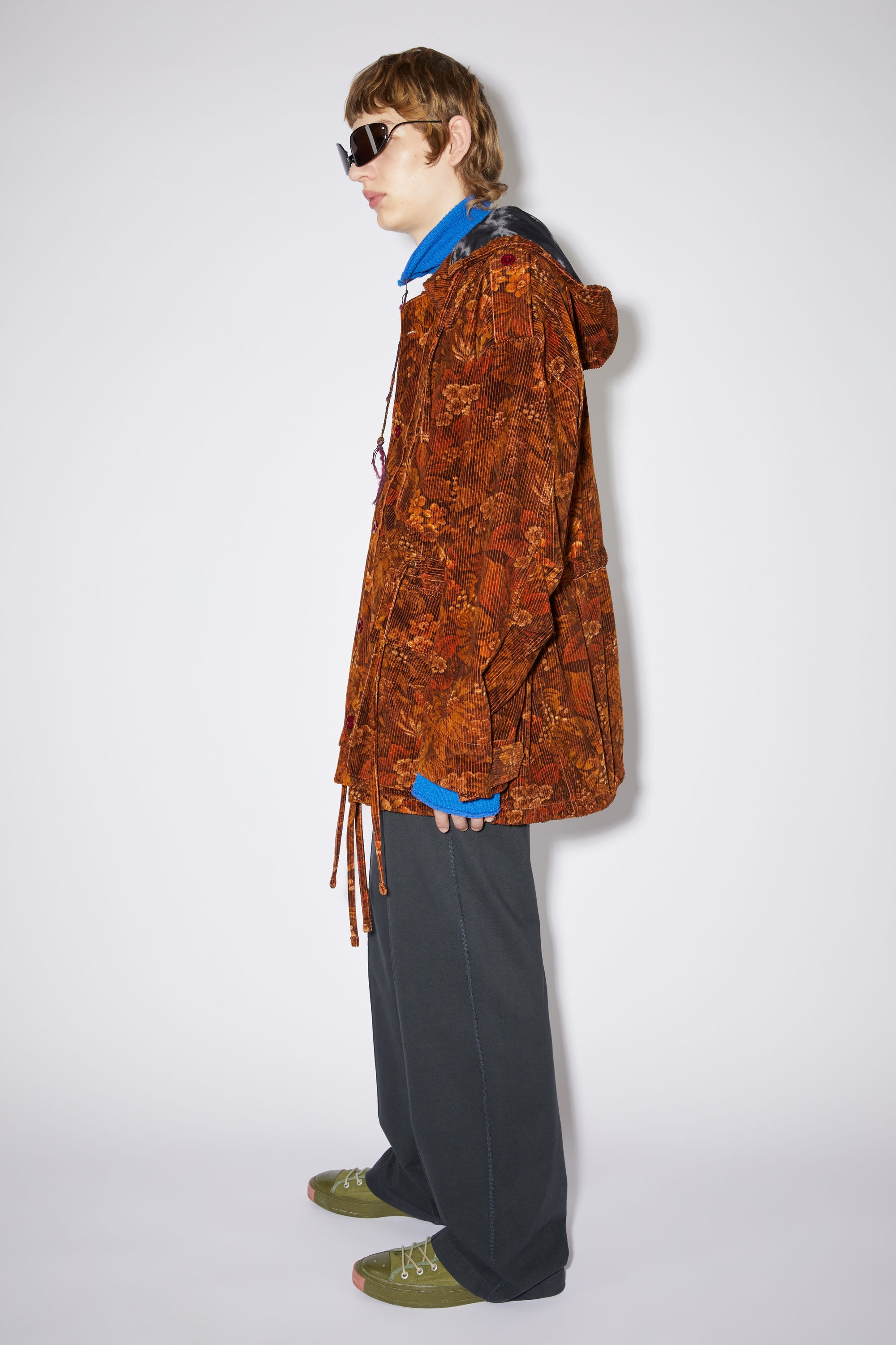 Flower print corduroy parka jacket - Rust red - 4