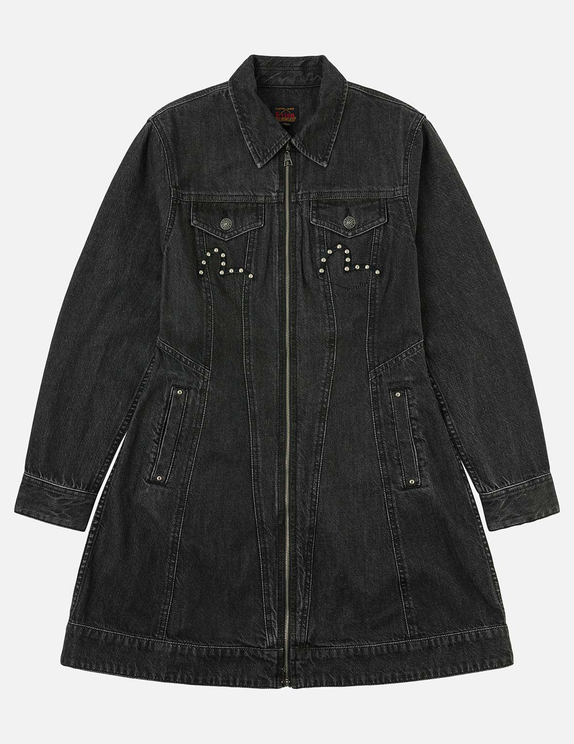 Seagull Embroidery with Studs Fashion Fit Denim Zipper Dress - 3
