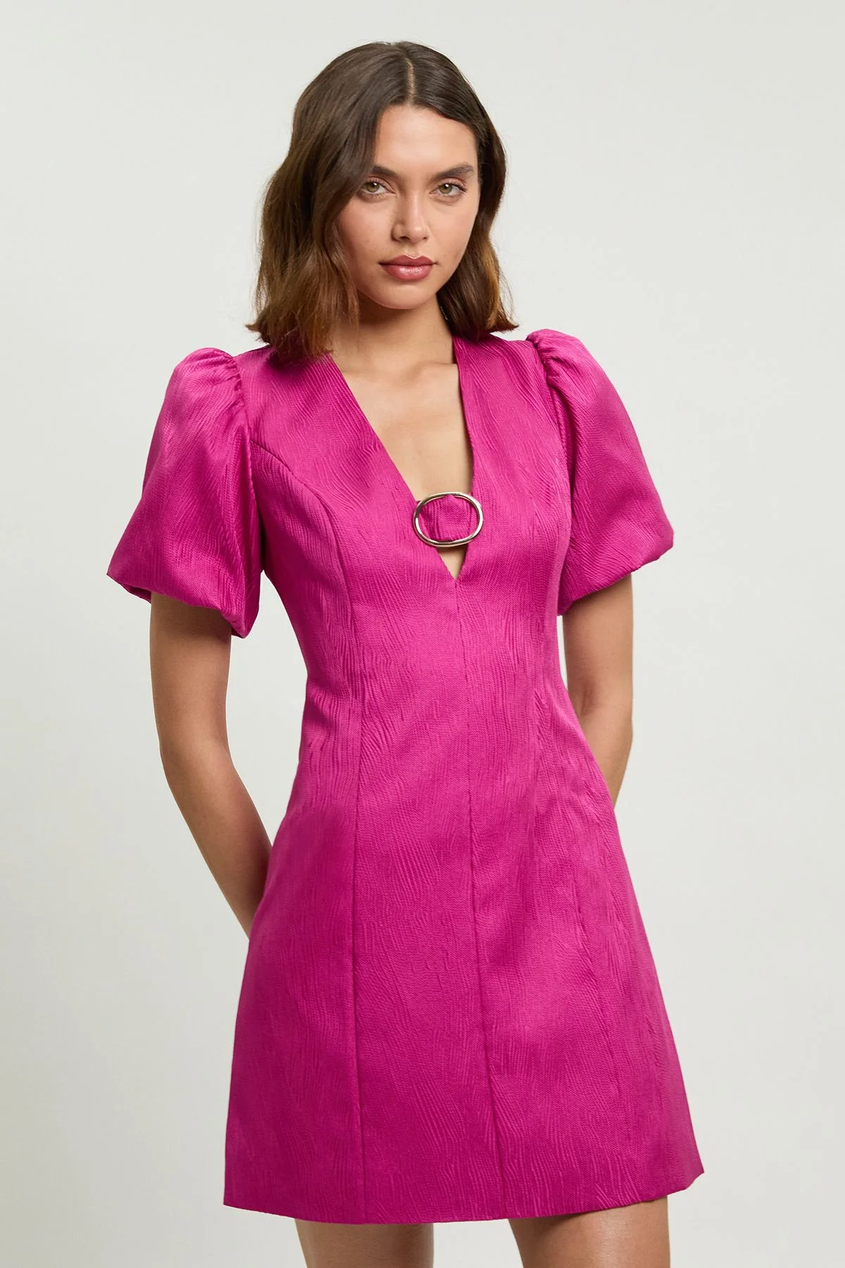 Tailored Puff Sleeve Trim V Neck Detail Mini Dress - 1
