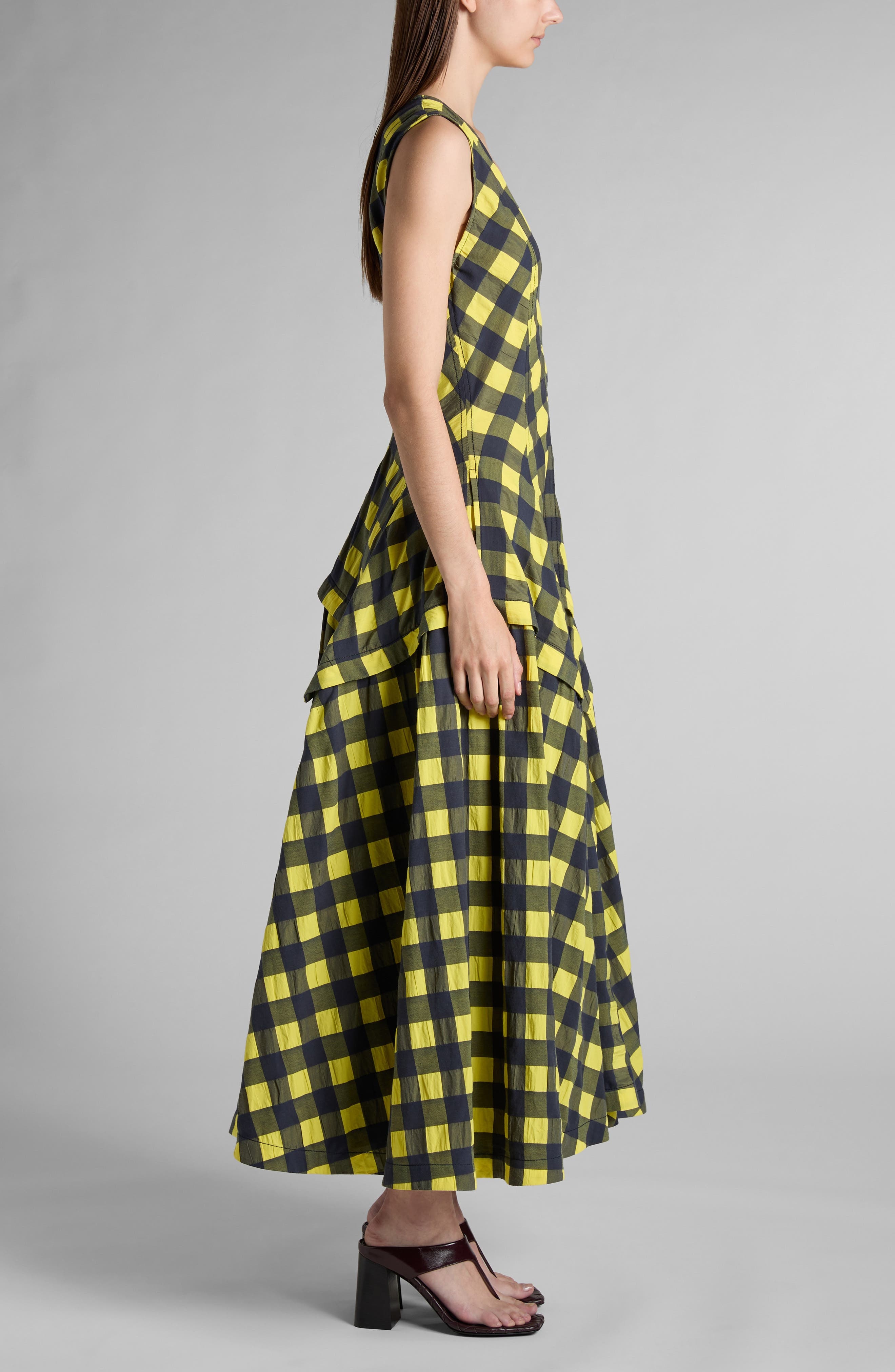Bottega Veneta Macro Gingham Fit + Flare Dress in 7315 Yellow/Shrub/Wave at Nordstrom - 3