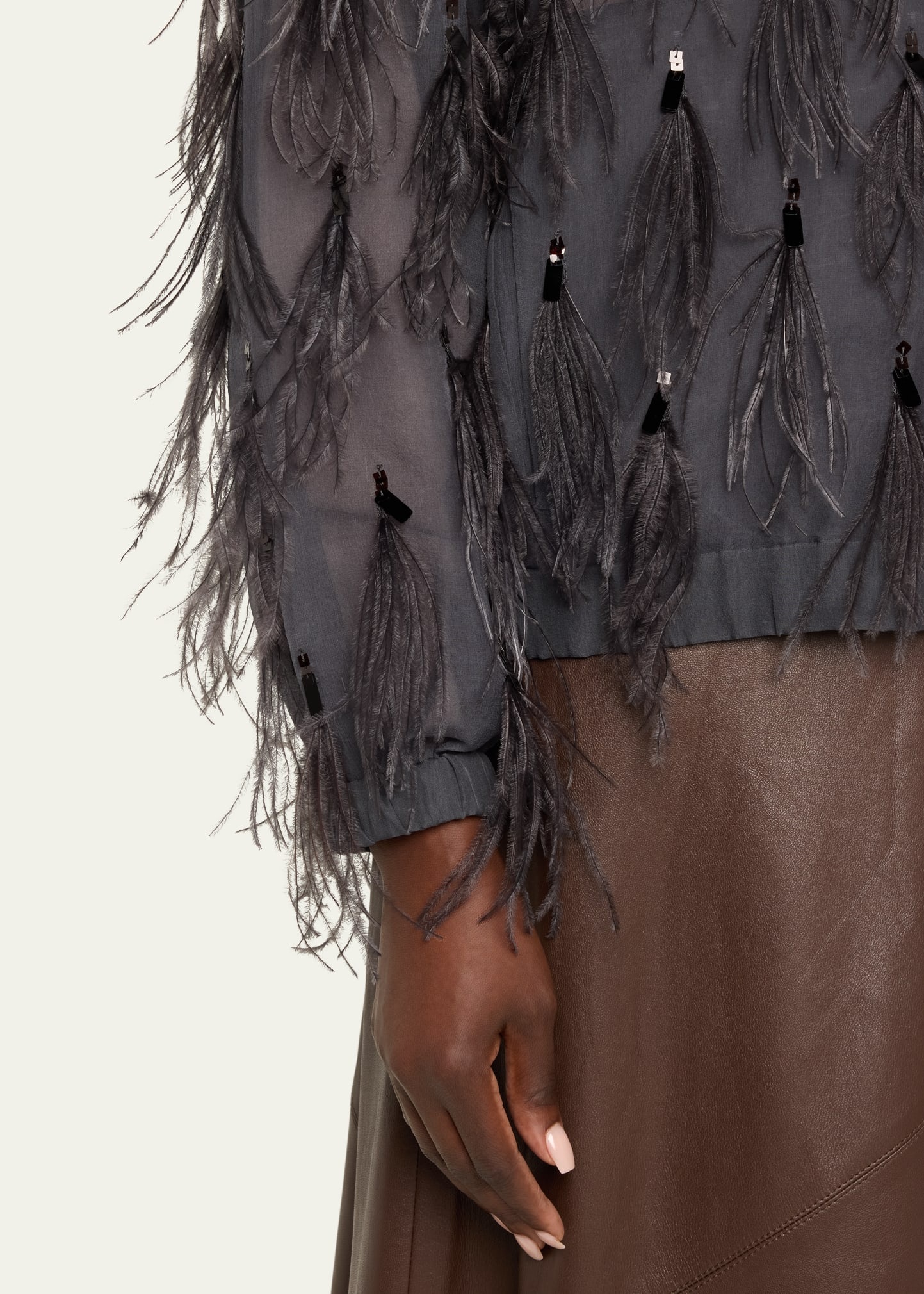 Crispy Silk Organza Bomber Jacket with Feather and Shiny Embroidery - 5