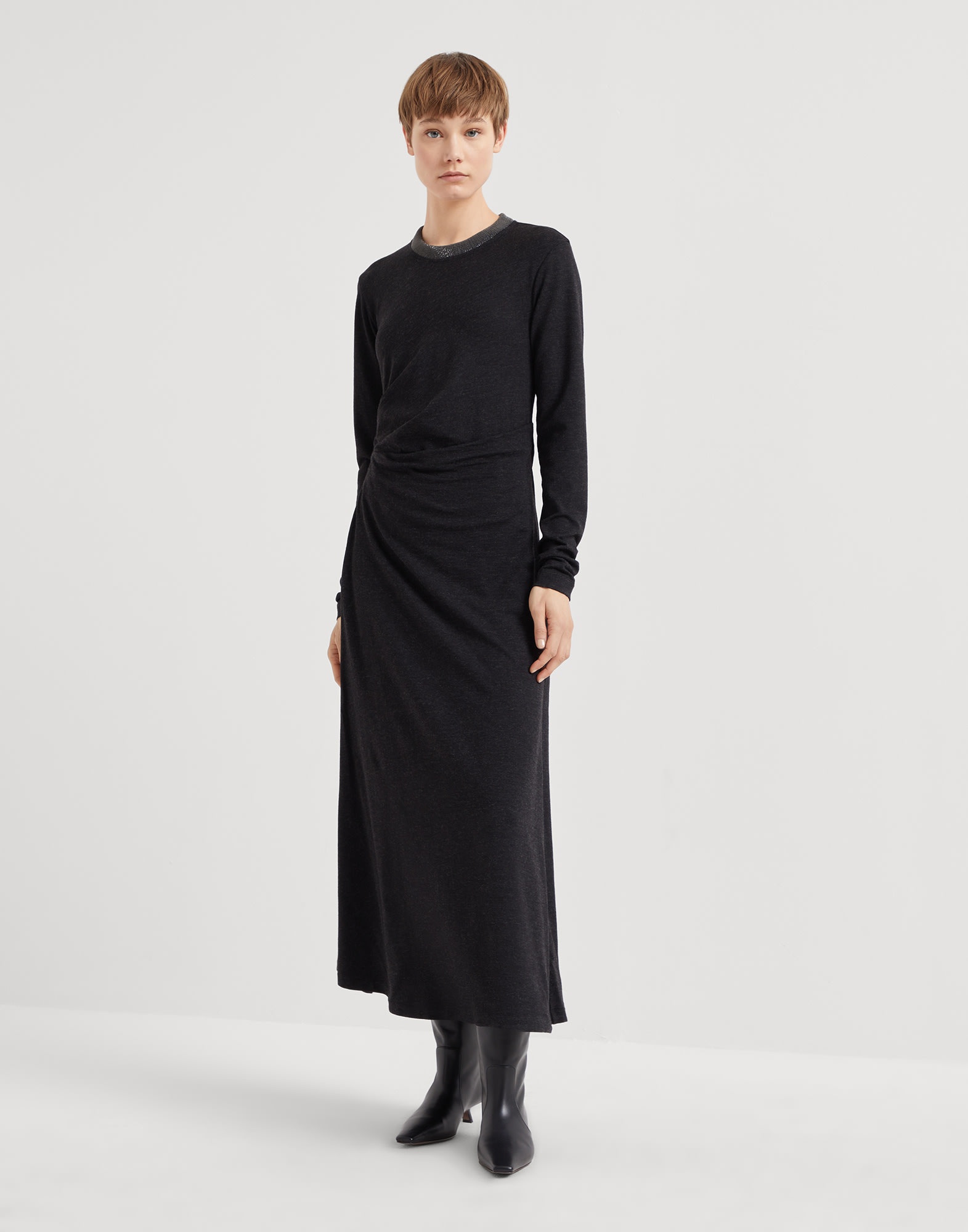 Stretch virgin wool jersey draped dress with precious ribbed collar - 1