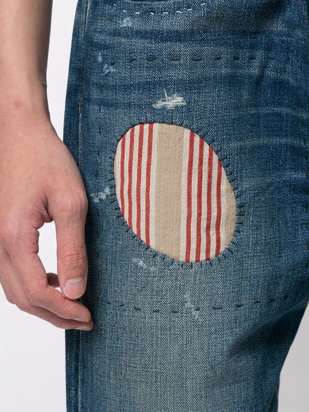 Calça jeans reta listrada com patches - 5