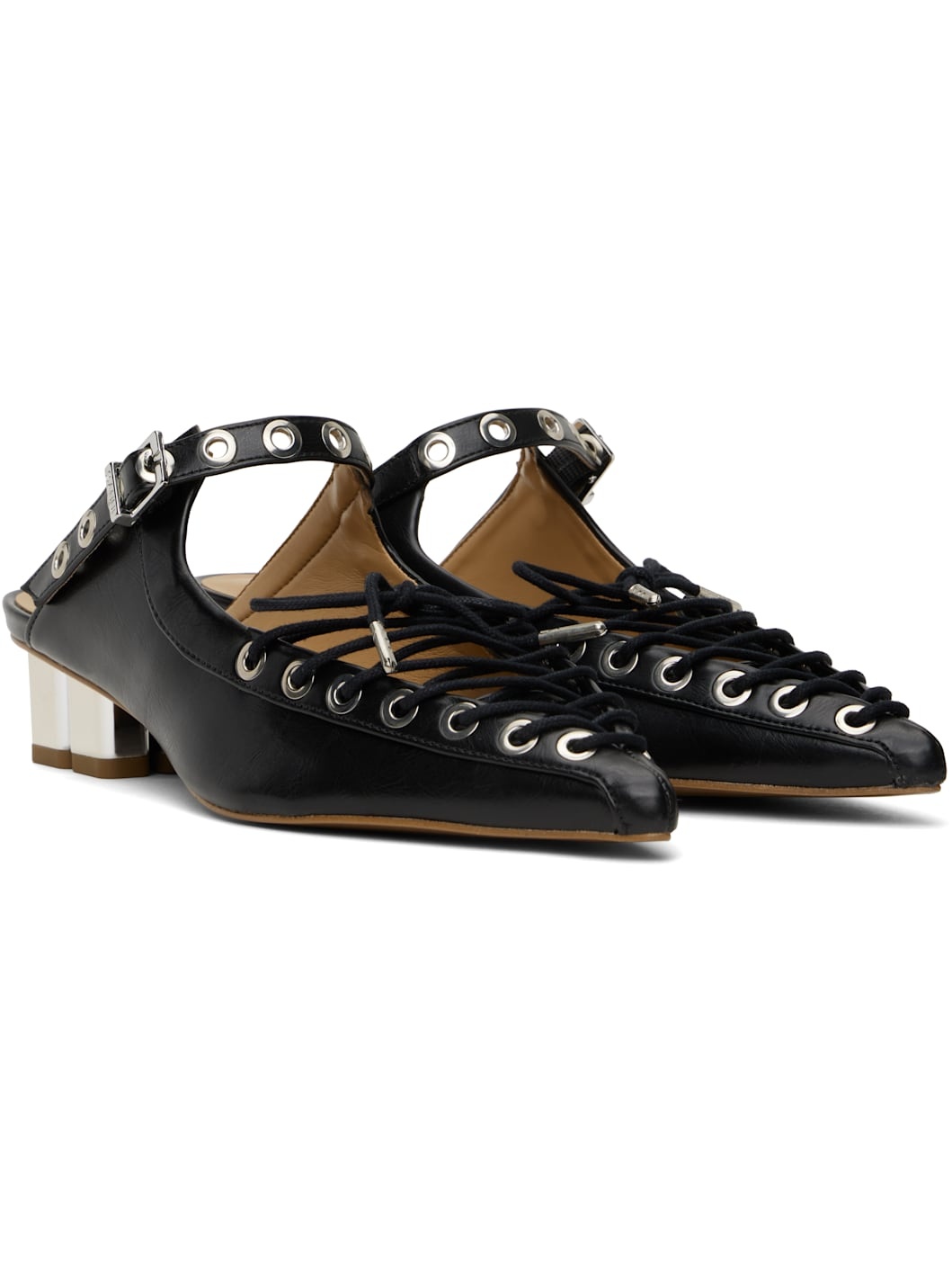 Black Oleatex Lace-Up Mules - 4