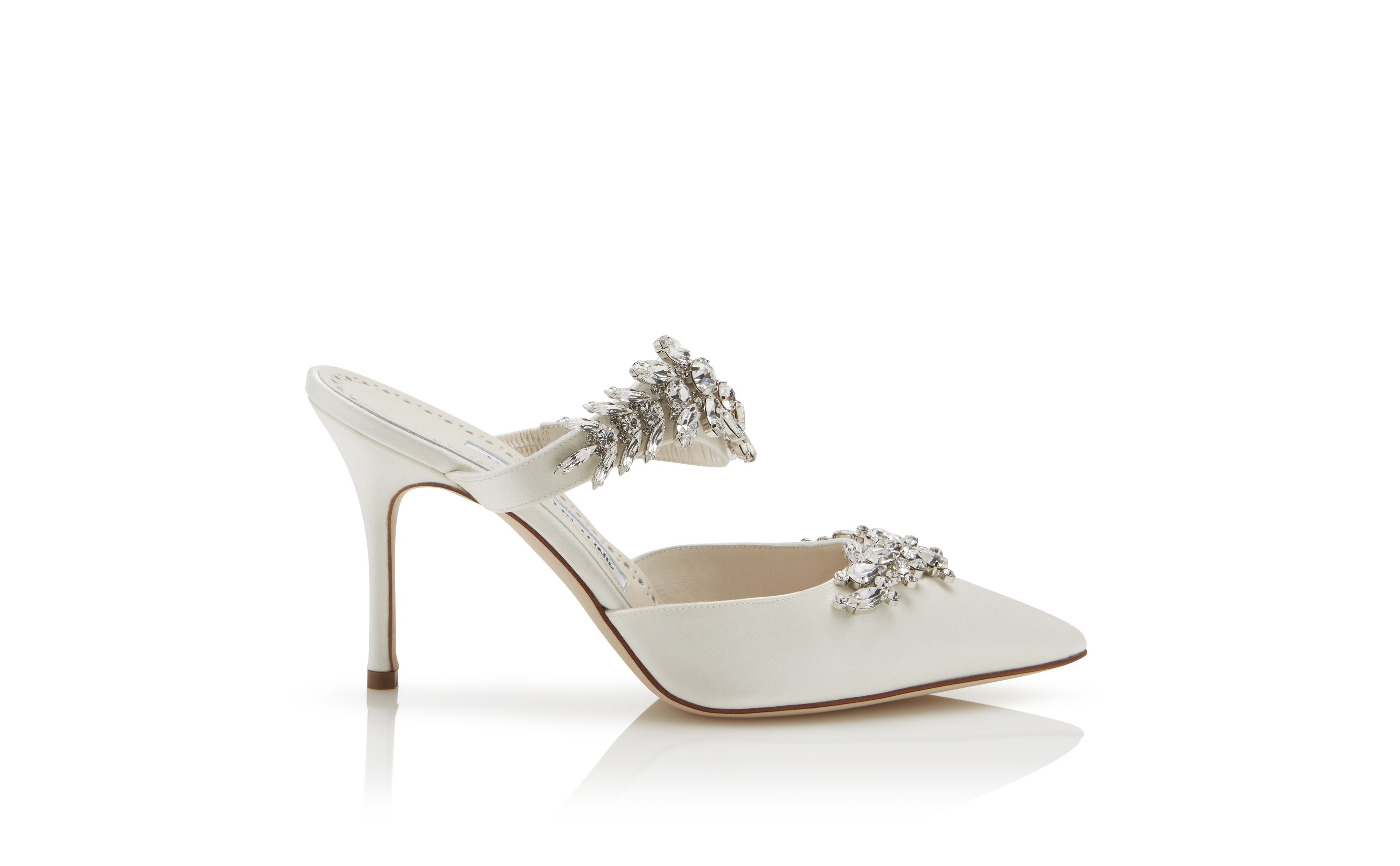 White Satin Crystal Embellished Mules - 1