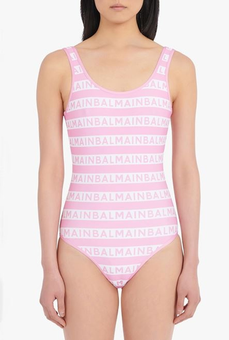 Bicolor pink and white swimsuit with Balmain monogram 5