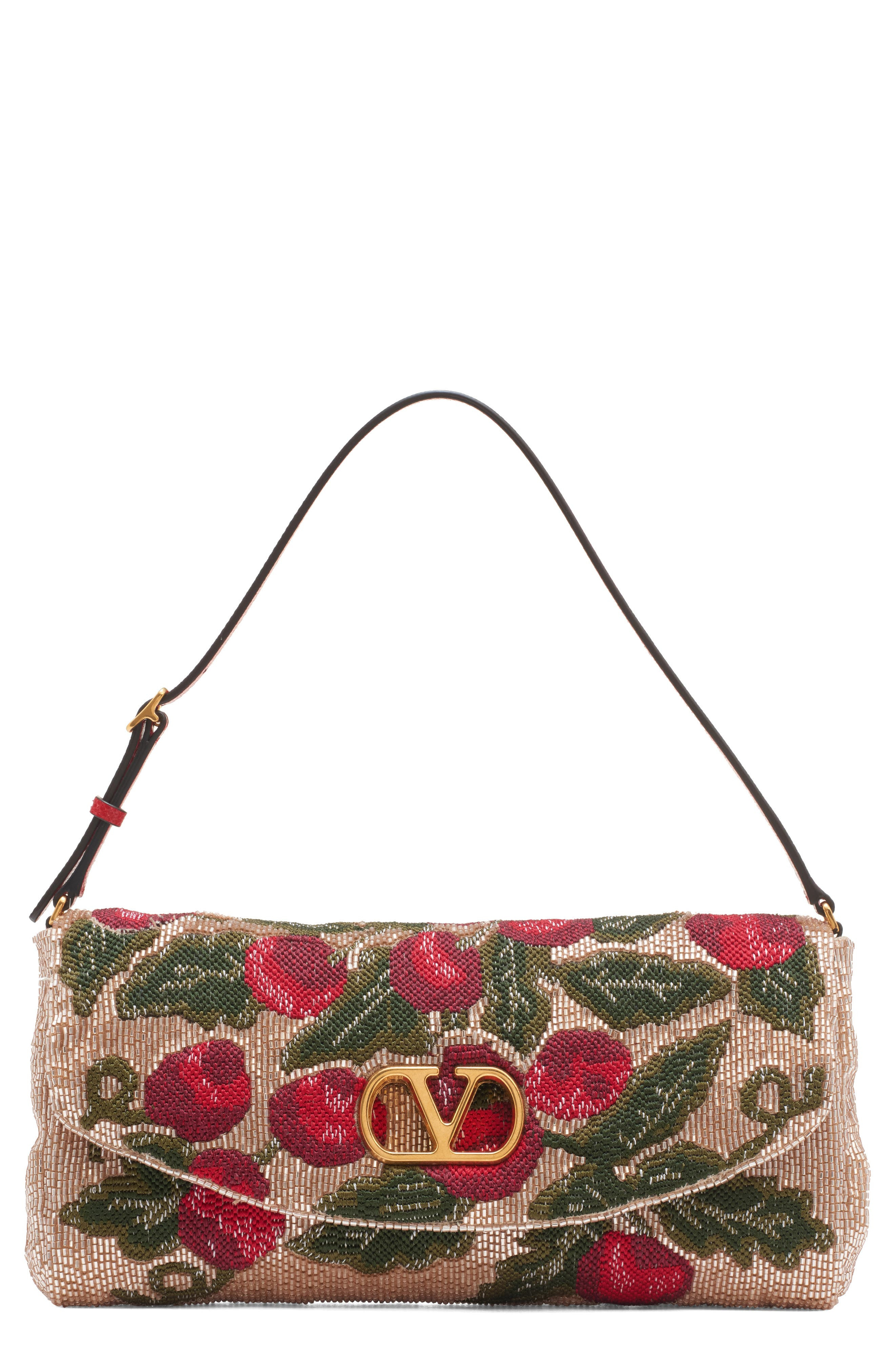 Valentino Garavani Embroidered & Beaded Satin Shoulder Bag in Multicolor/Rouge Pur at Nordstrom - 1
