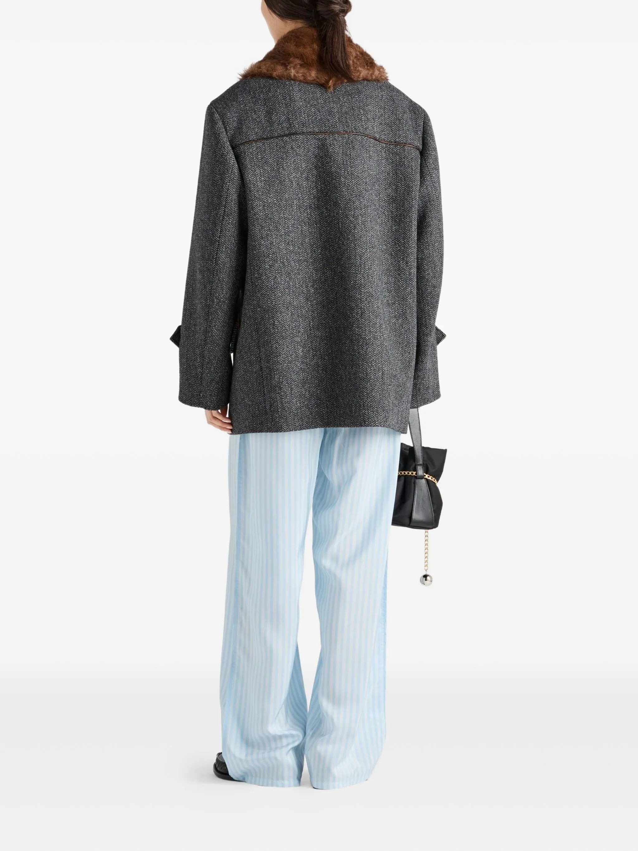 herringbone fur-collar coat - 3