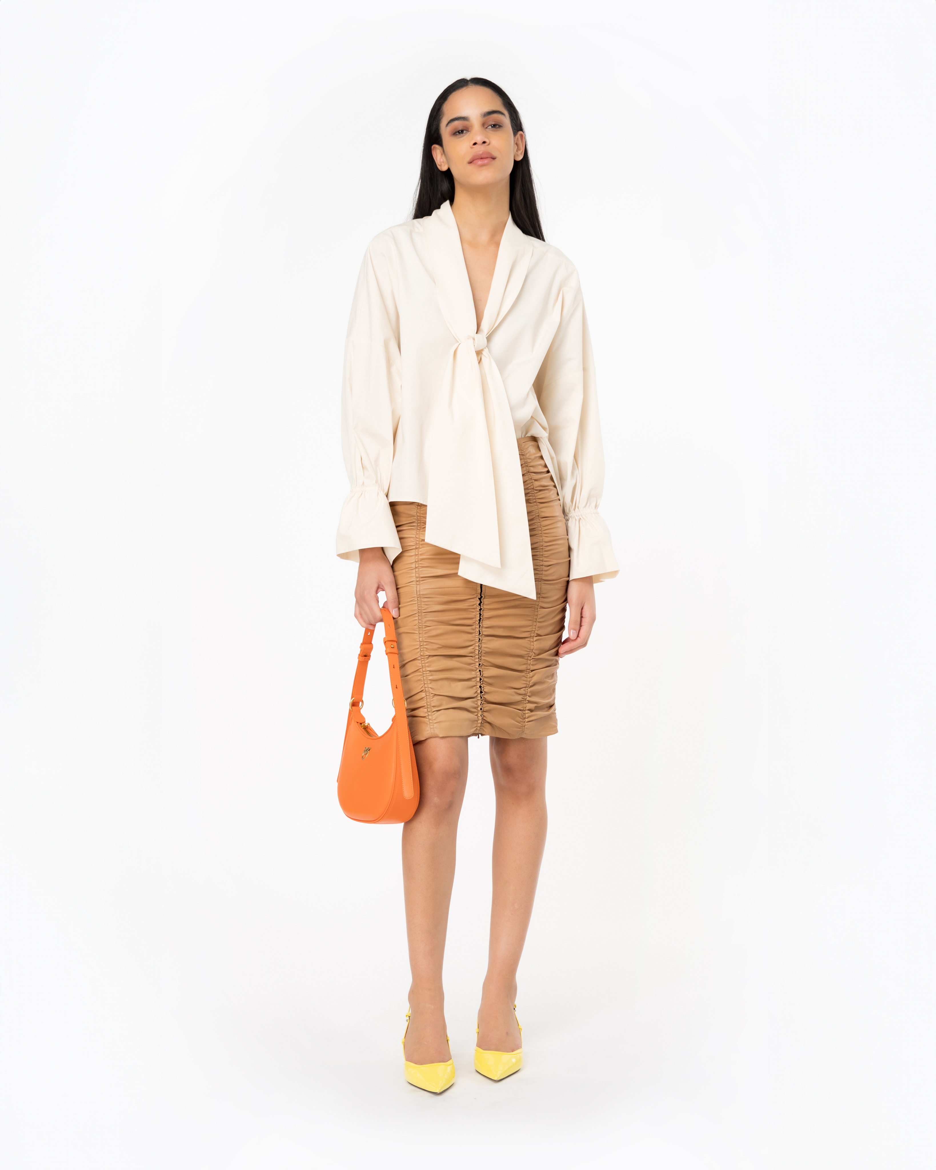 GATHERED NAPPA LEATHER CALF-LENGTH SKIRT - 2