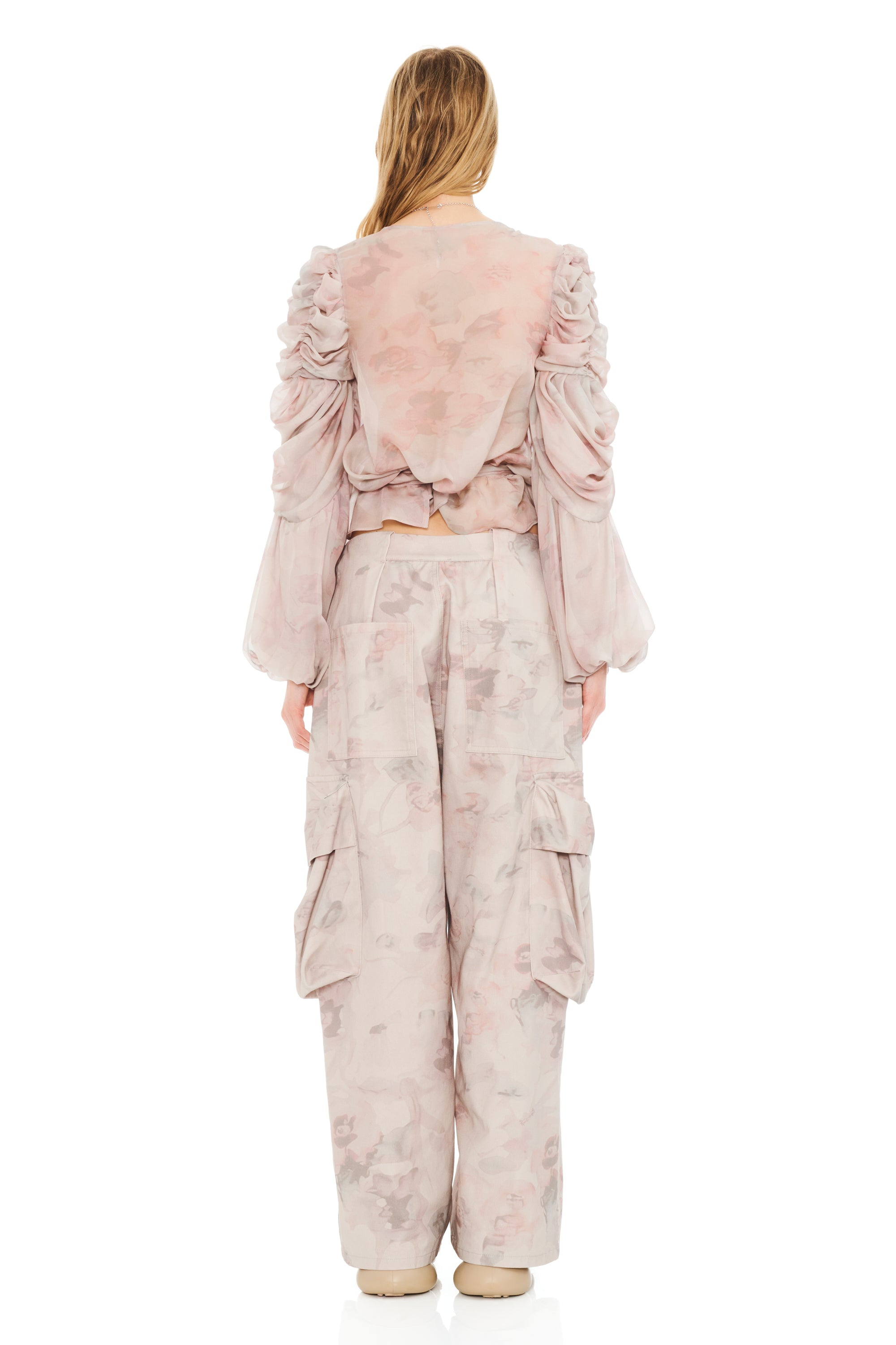 WASHED BEIGE WATERCOLOR ROSES PLEATED CARGO PANT - 6
