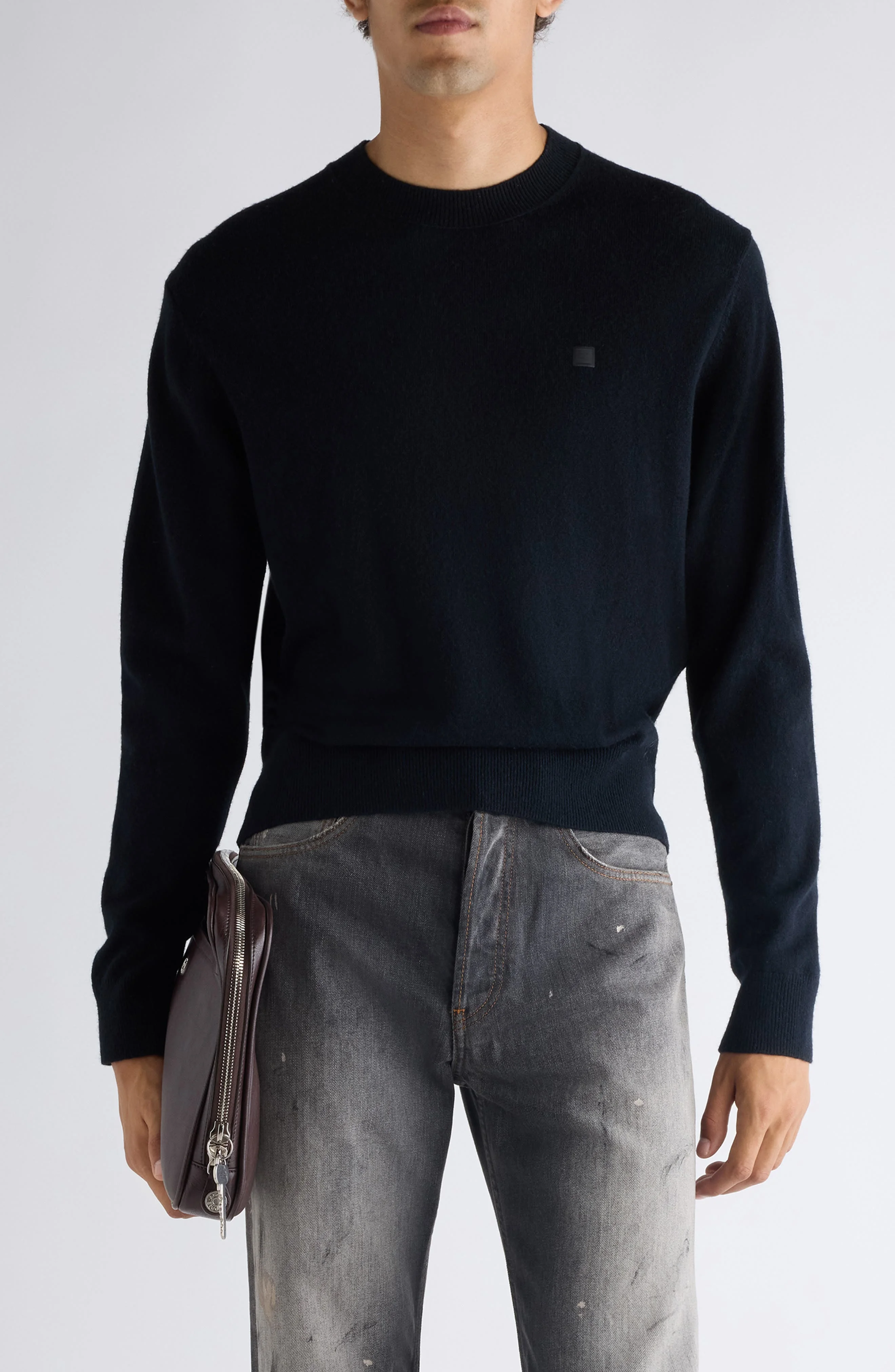 Acne Studios Kalas Core Face Patch Wool & Yak Hair Sweater in Black at Nordstrom - 1
