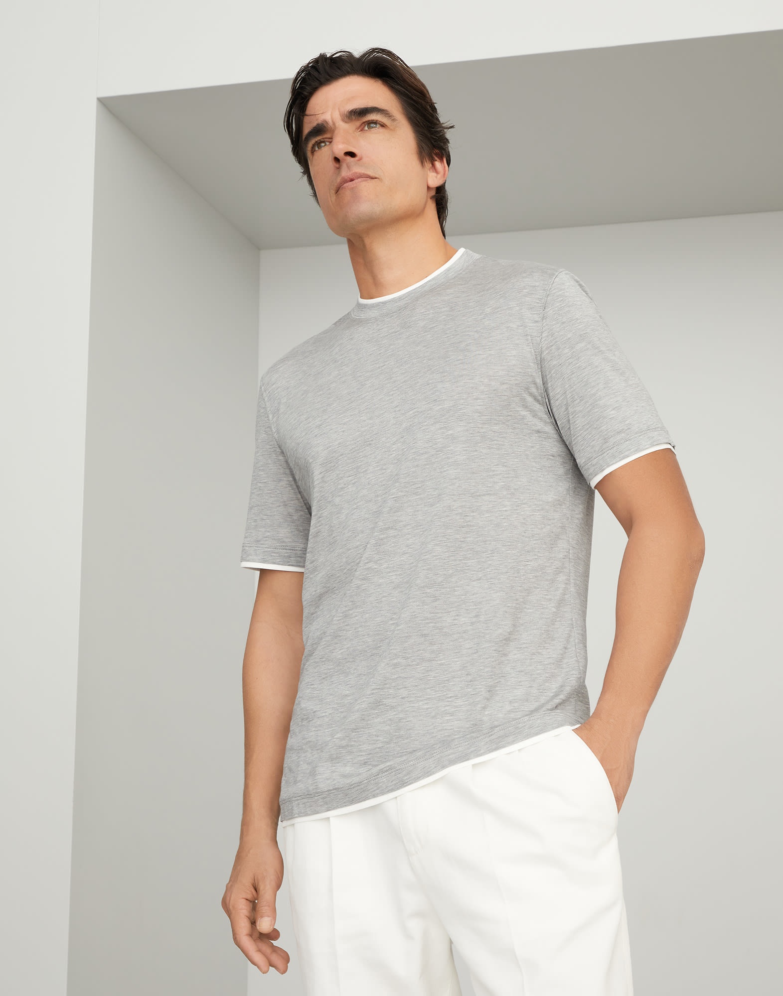 Silk and cotton jersey crew neck T-shirt with faux-layering - 1