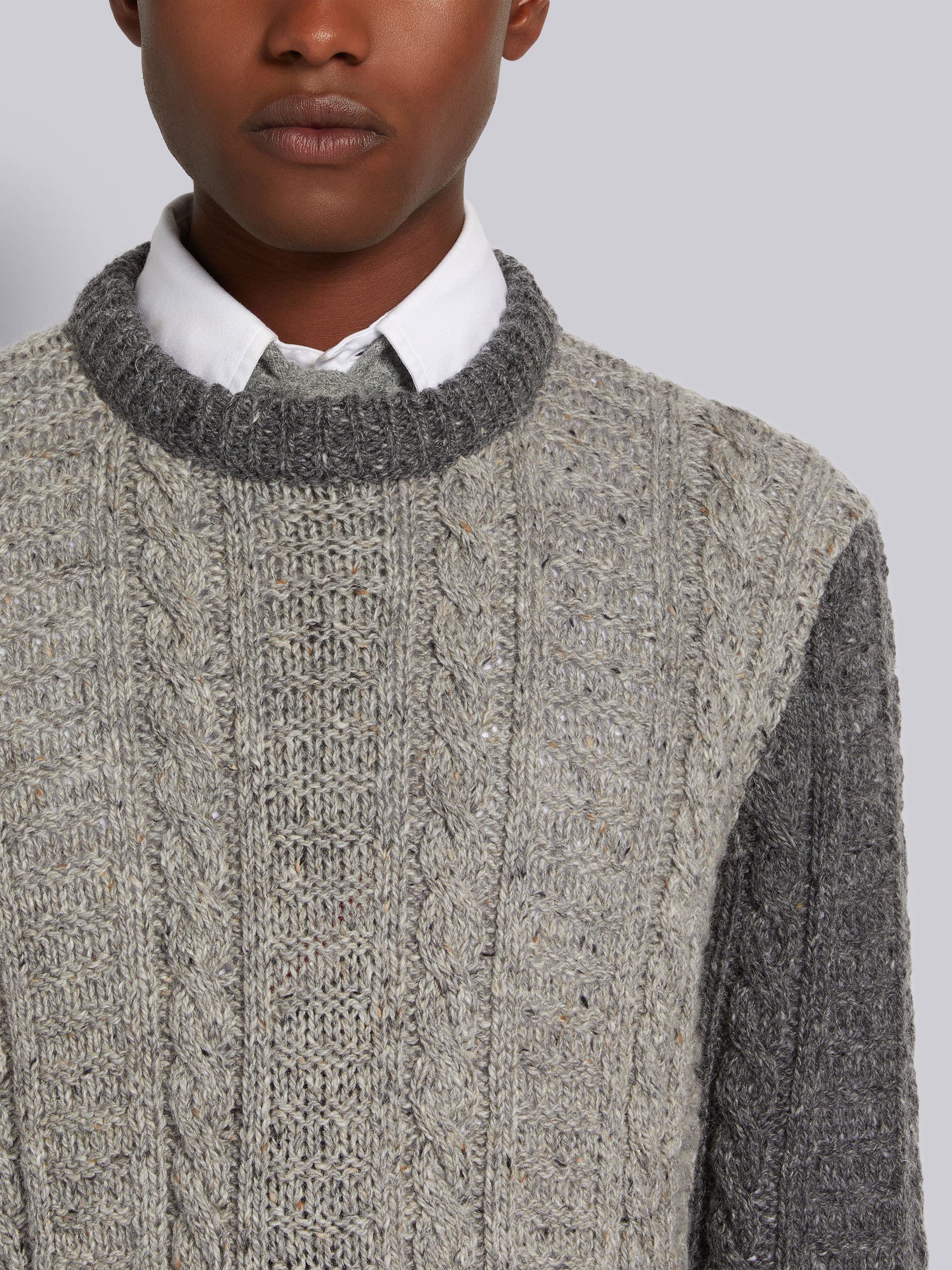 Tonal Grey Fun-Mix Mohair Tweed Stripe Pullover - 5