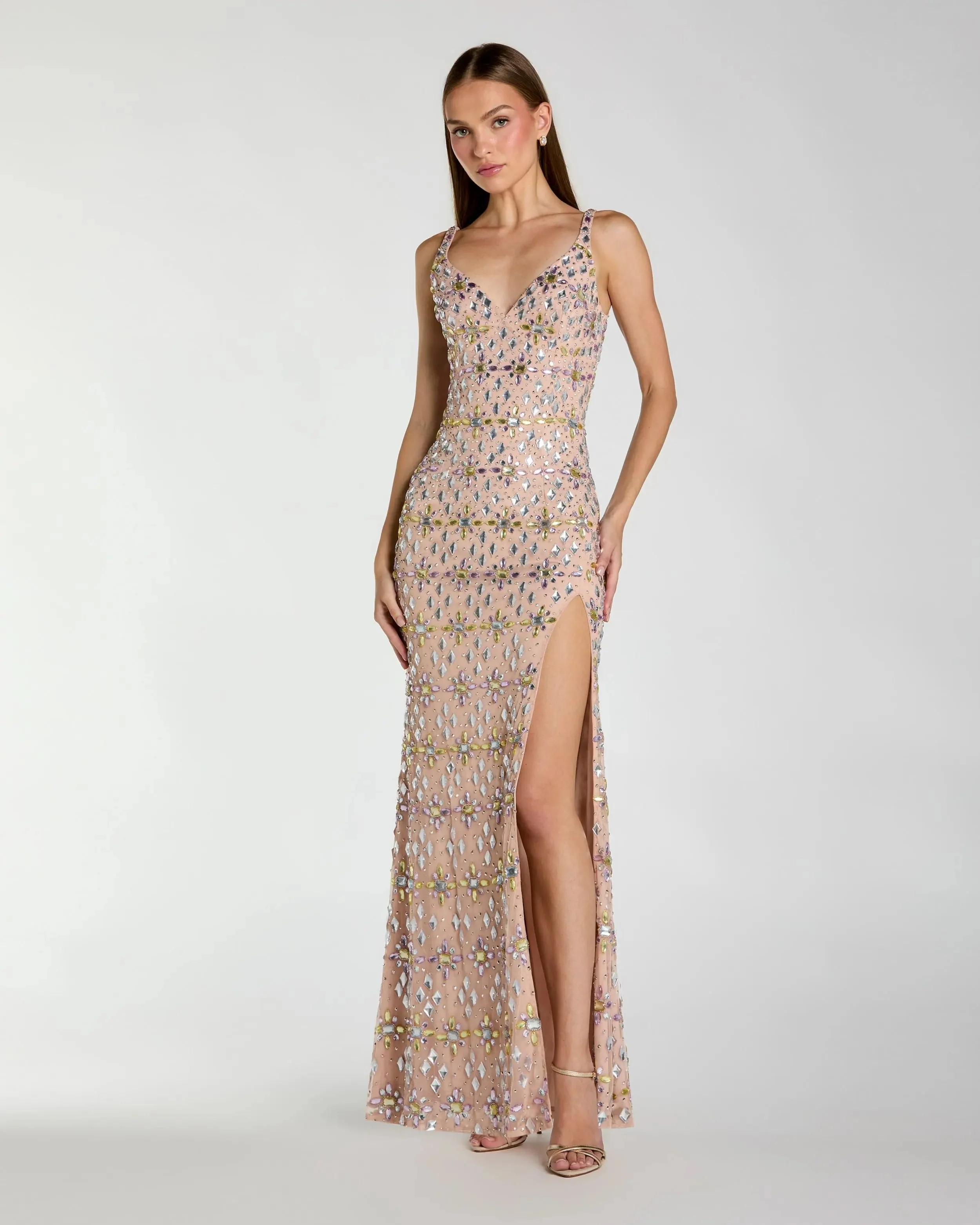 Light Rose Crystal Embellished Column Gown With Slit - 1