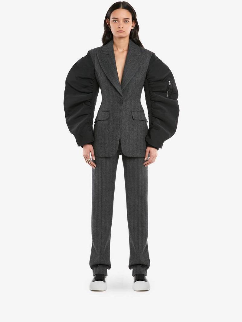 Alexander McQueen Herringbone Long Cigarette Trouser in Mid Grey Melange outlook