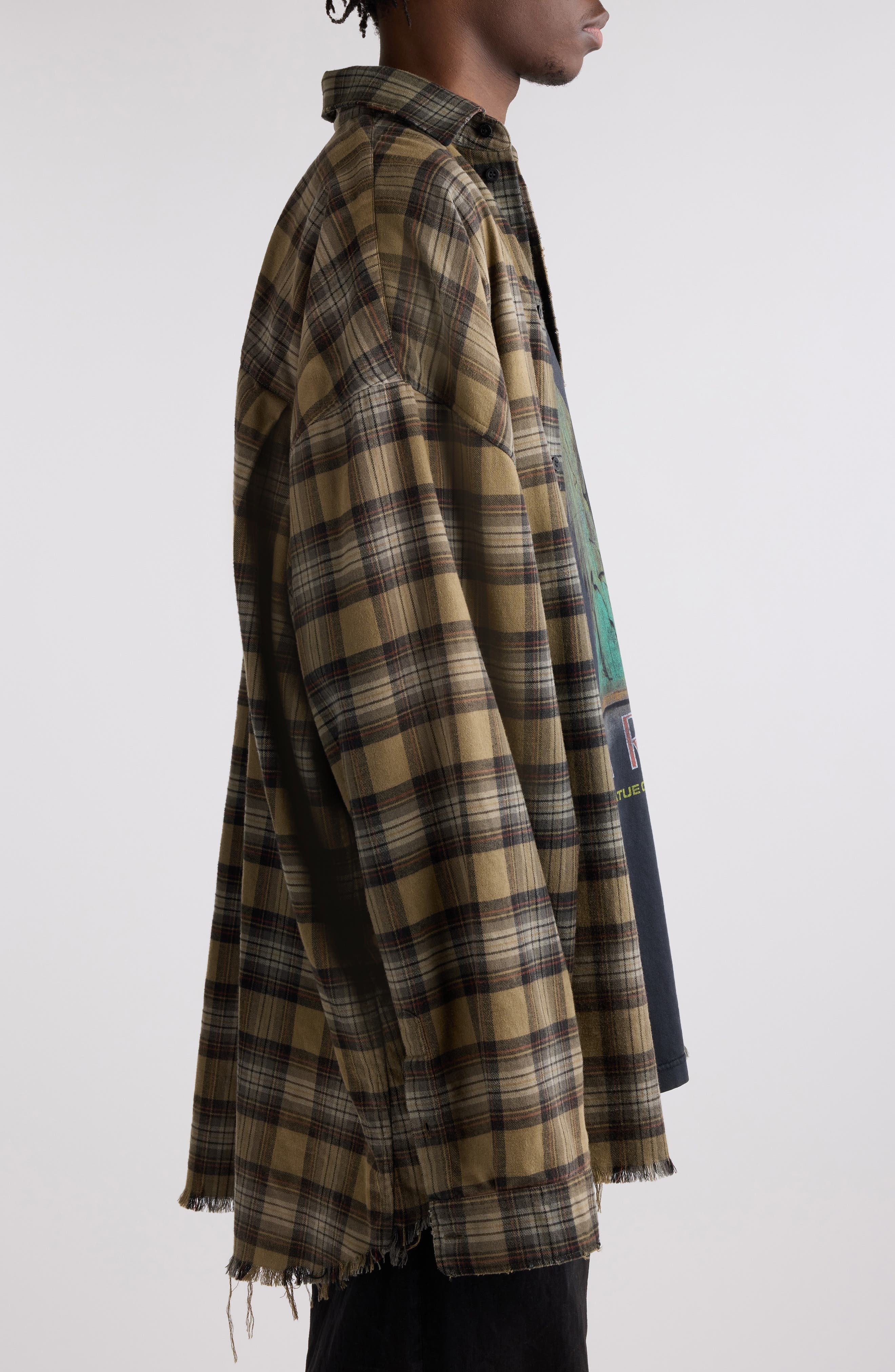 Balenciaga Layered Plaid Distressed Paris Liberty Graphic Top in Light Khaki at Nordstrom - 4