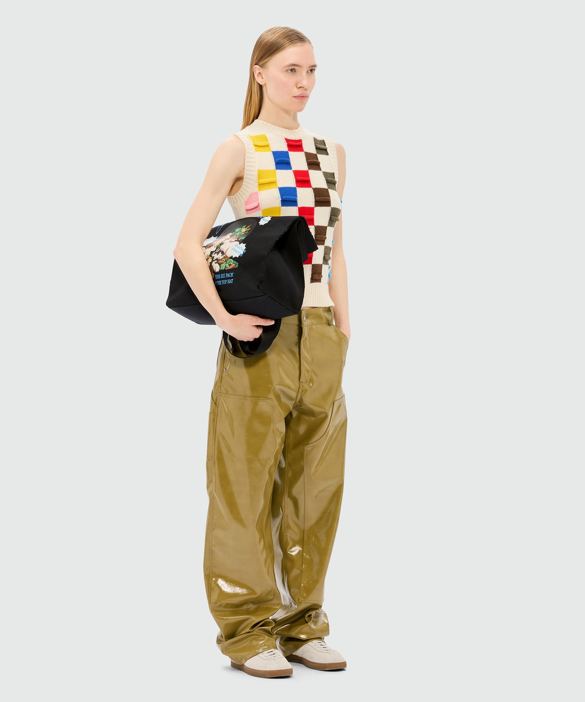 Grey melange knitted vest with multicolor 3D checkerboard pattern - 4