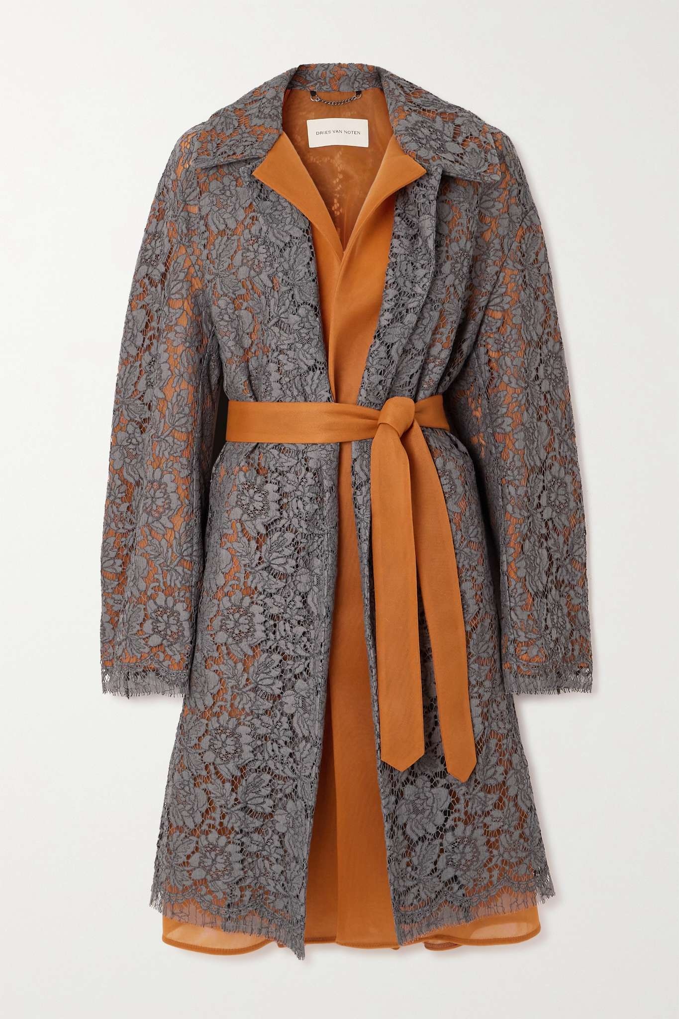 Belted guipure lace and crepe coat - 1