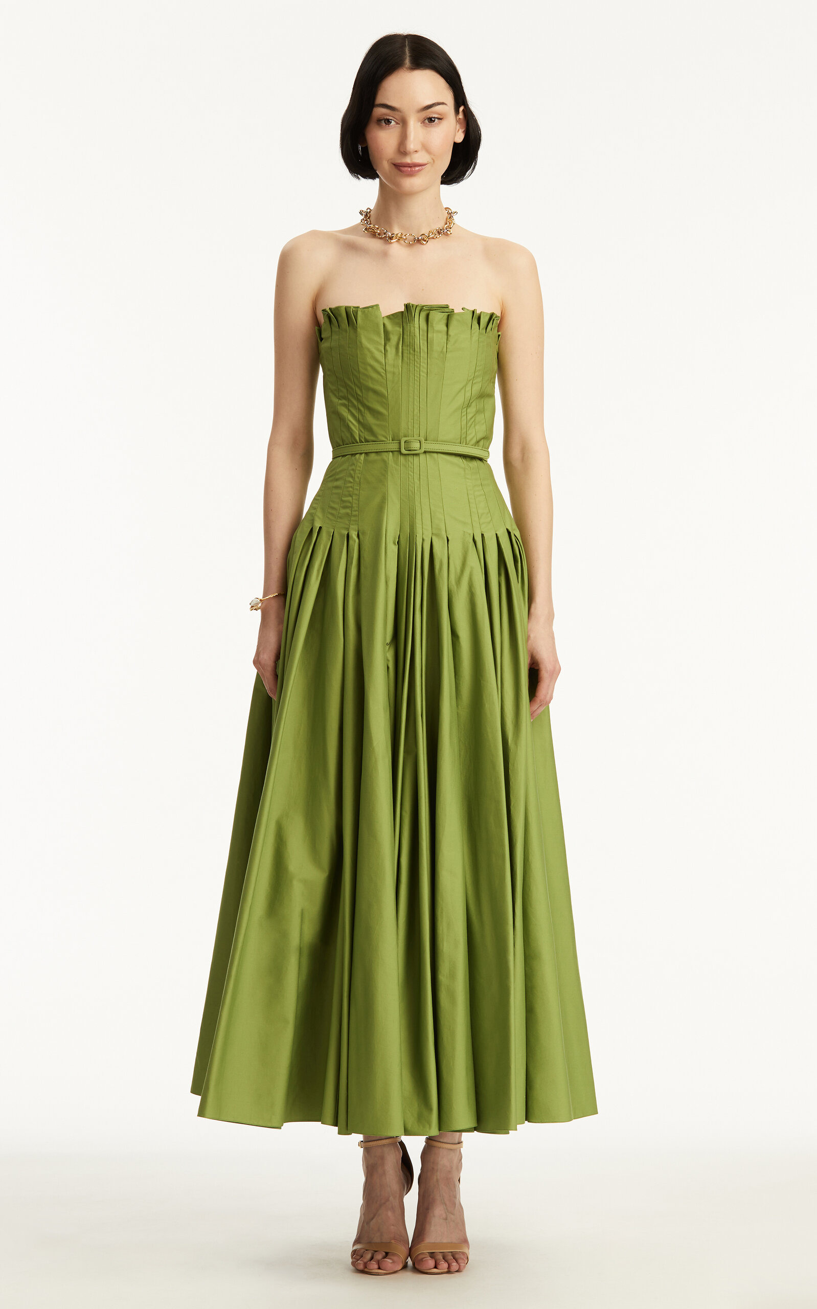 Belted Pleated Cotton Twill Maxi Dress green - 3