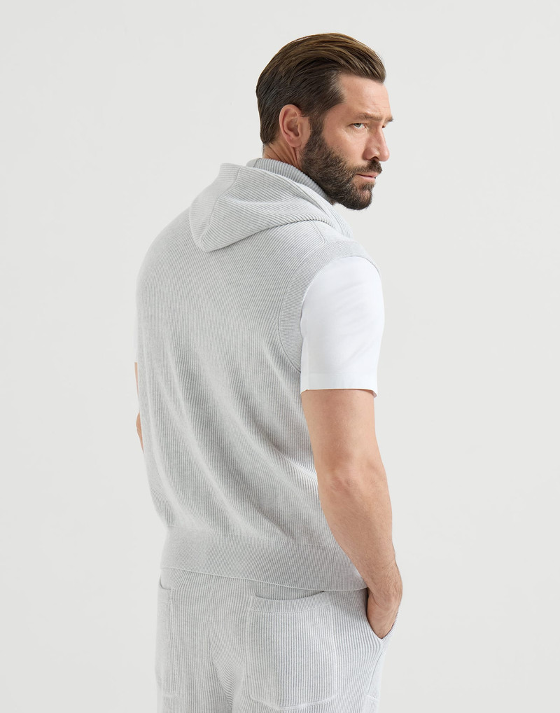 Cotton English rib knit hooded vest with logo and zipper 3