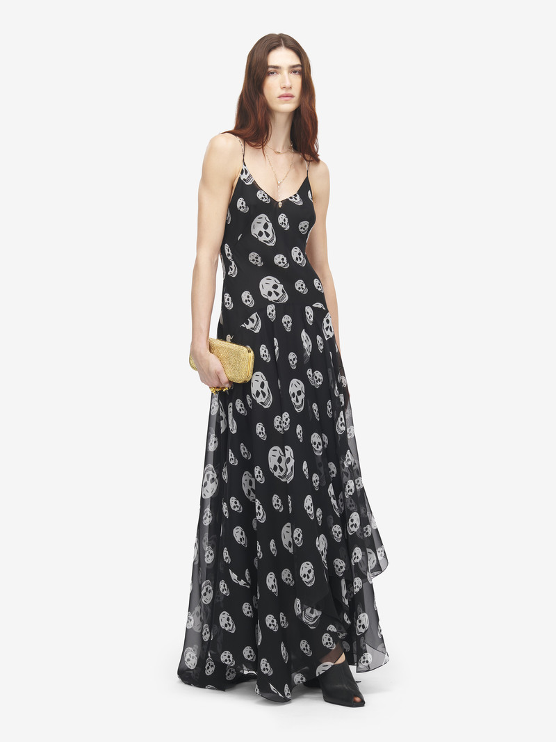 Women's Silk Skull Print Evening Dress in Black/White 1