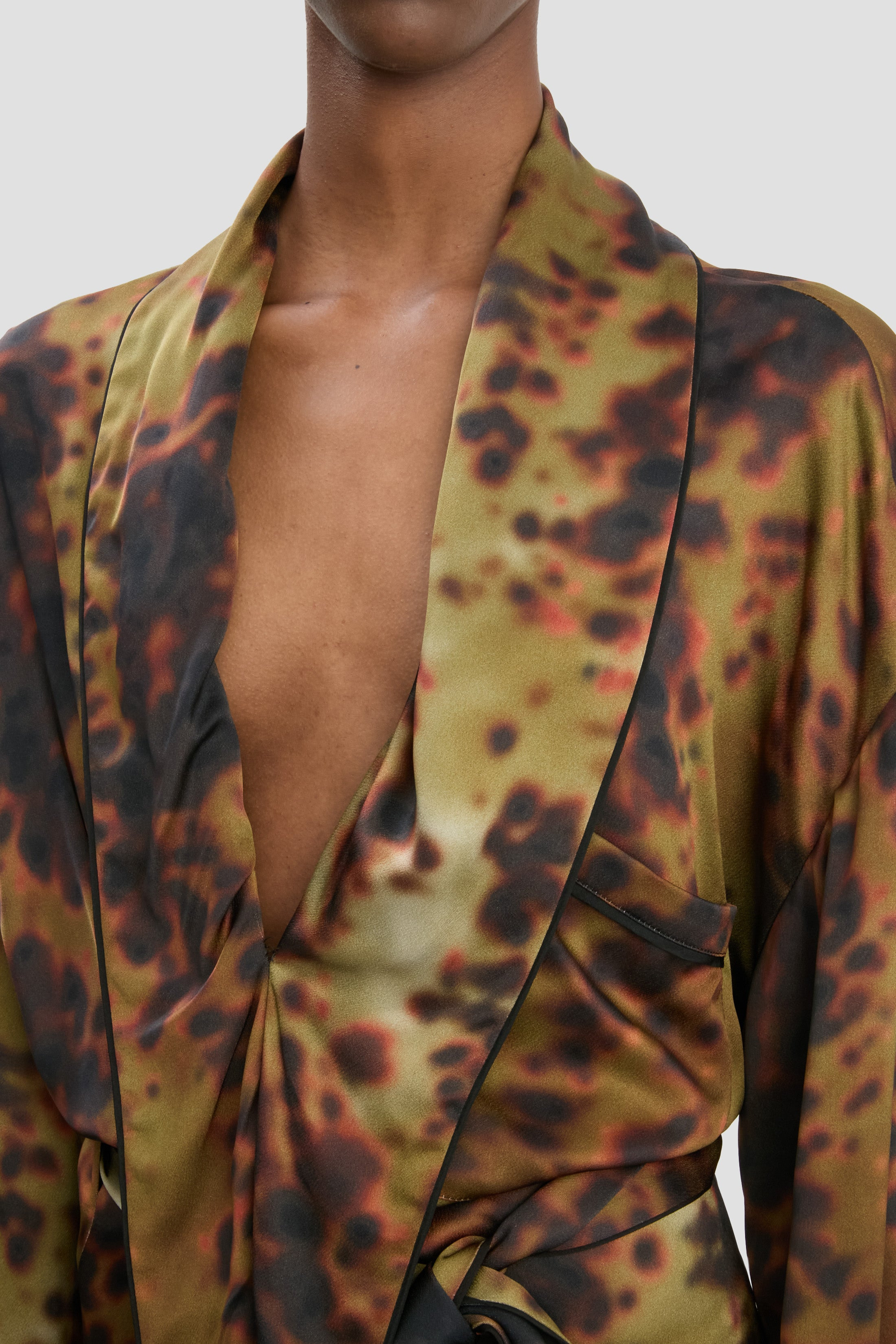 Wrap Detail Midi Dress In Olive Brown Print - 4