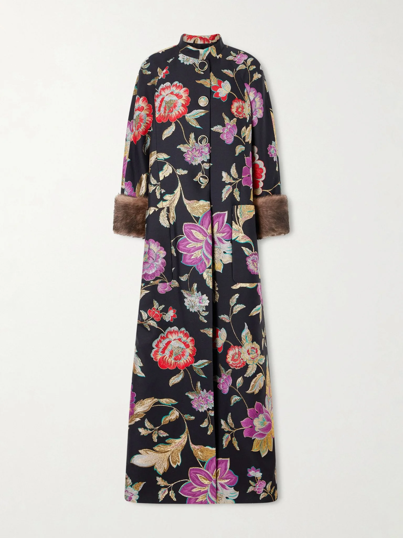 Shearling-trimmed wool-blend floral-brocade coat Black - 1