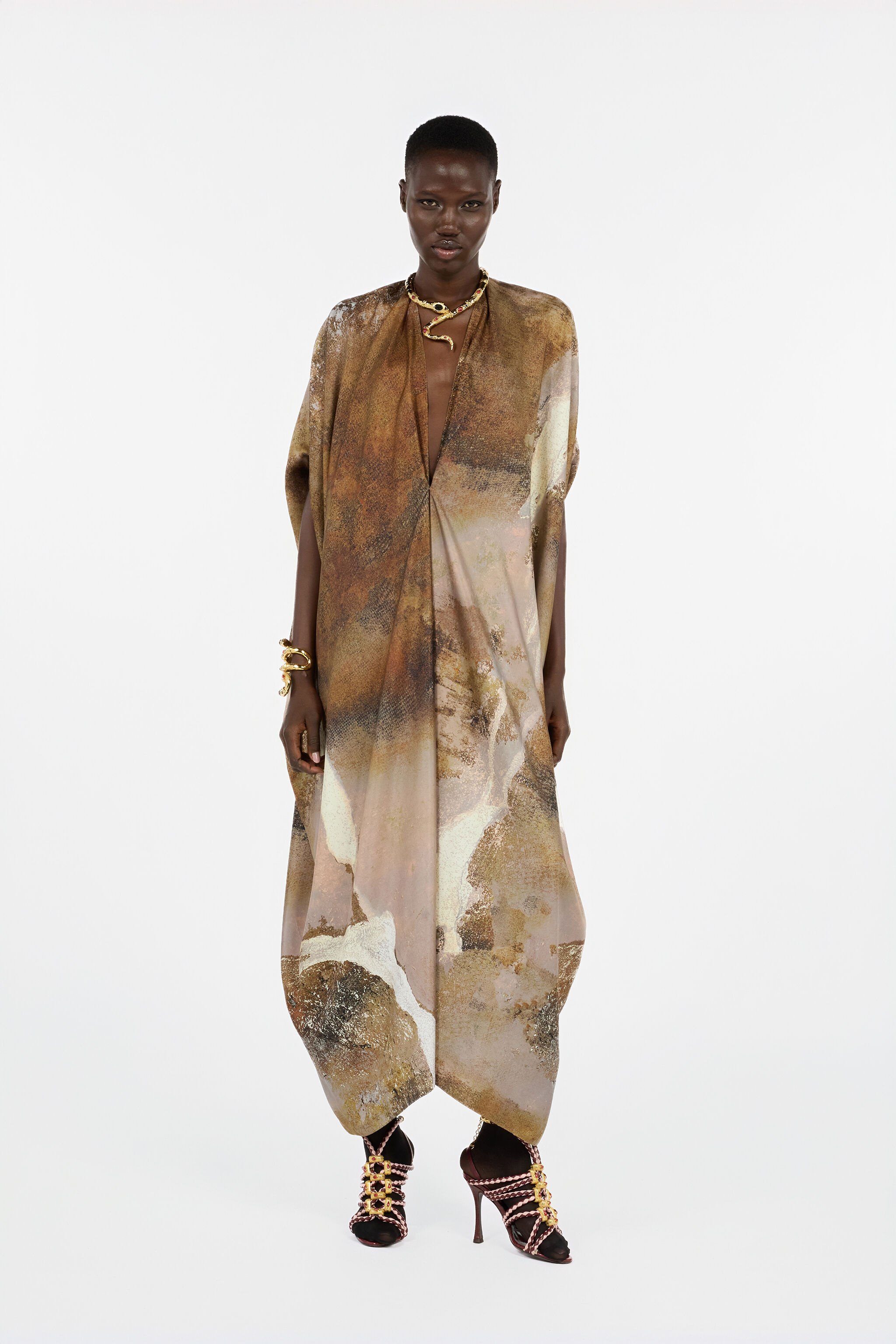 Beige Silk Caftan with Marble Print - 2