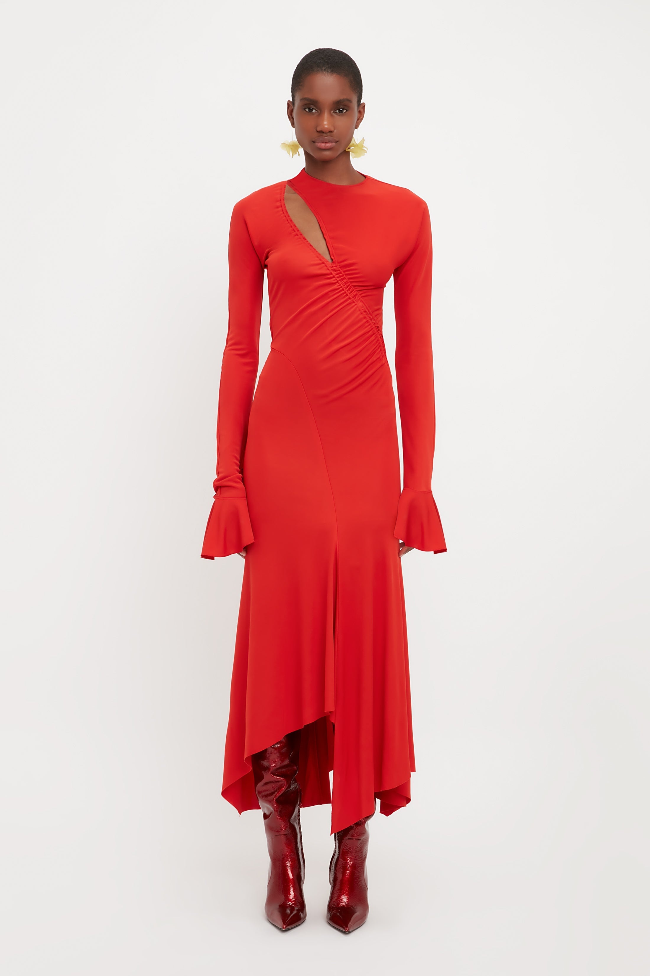 Asymmetric Slash Jersey Dress In Crimson - 2