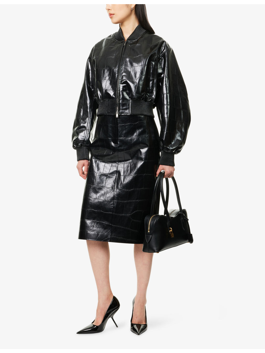 Panelled Crocodile-Embossed Faux-Leather Midi Skirt - 2