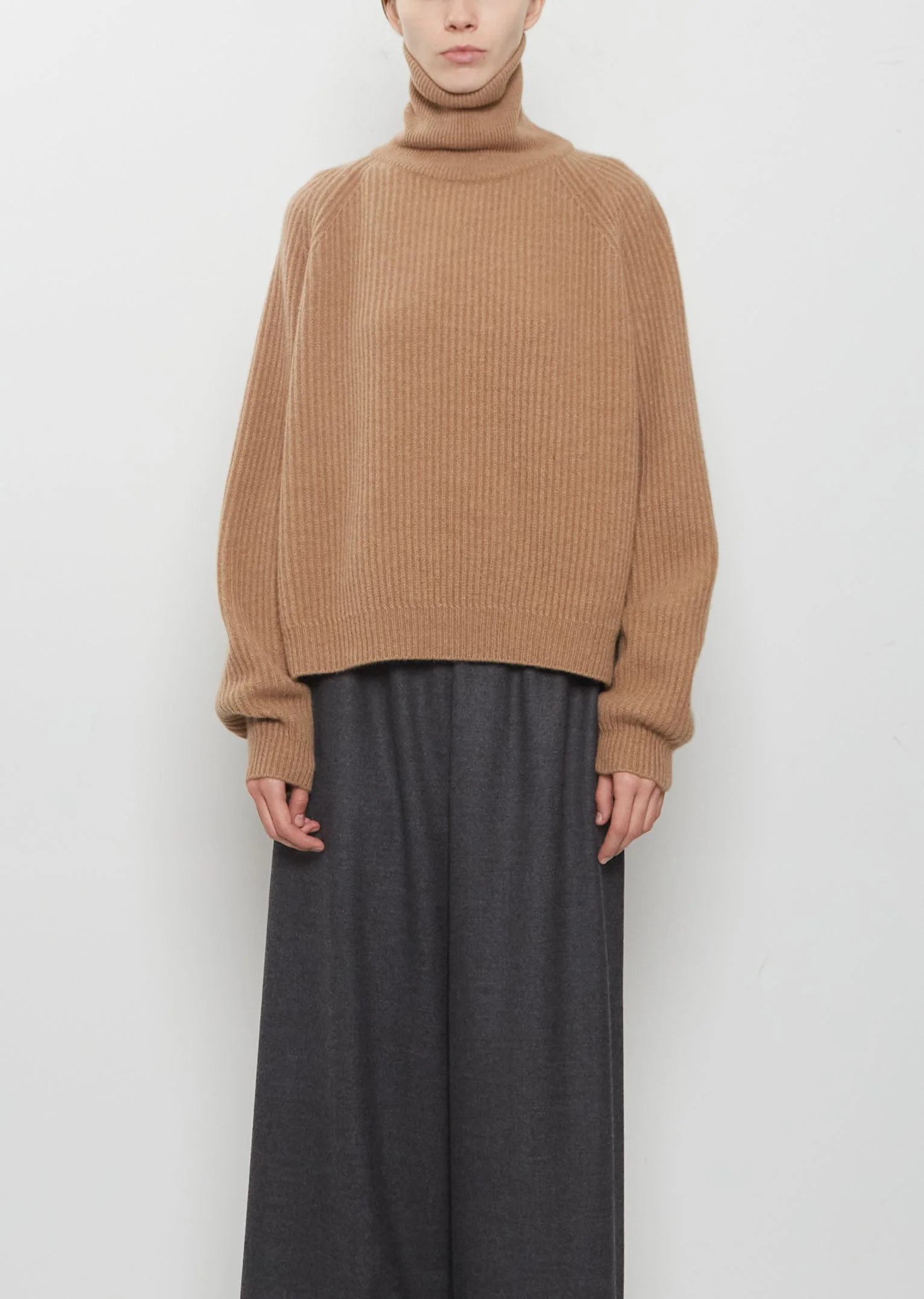 Cashmere Knit T-Neck Ribbed Raglan Sweater - 1