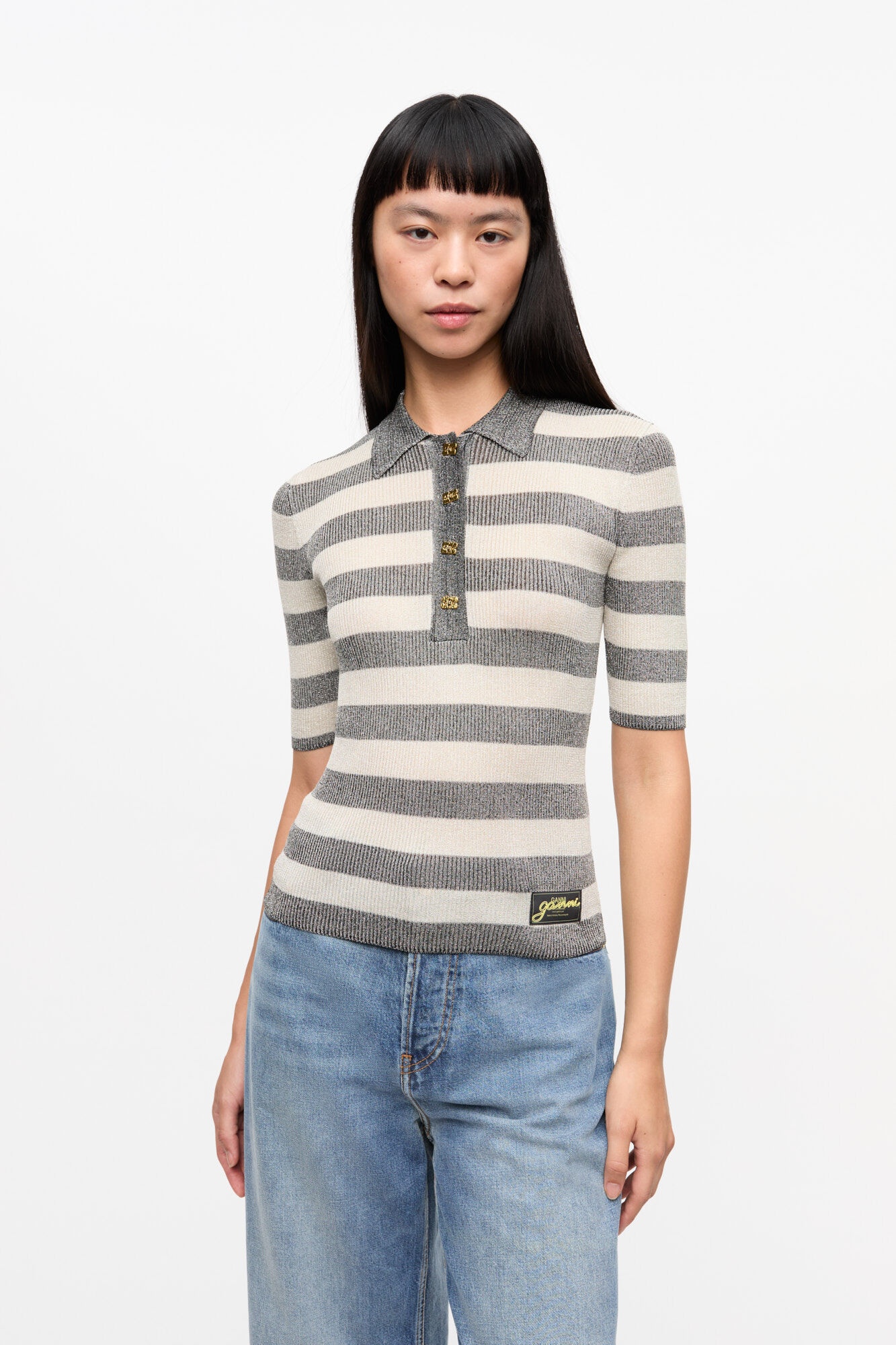 GREY STRIPED SPARKLE RIB POLO T-SHIRT - 2