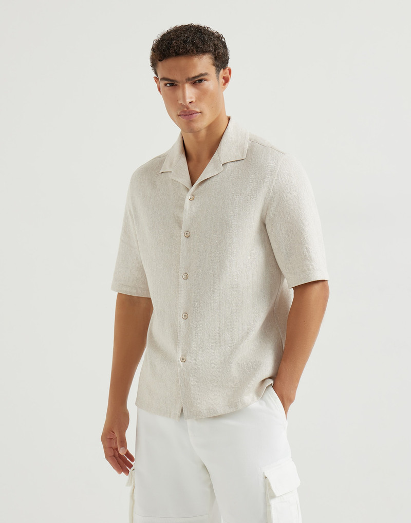Linen and cotton chevron jersey short sleeve shirt with camp collar 4