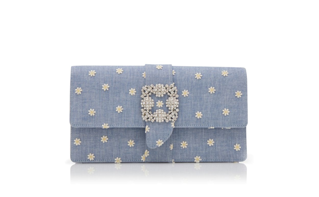 Blue and White Chambray Jewel Buckle Clutch - 1