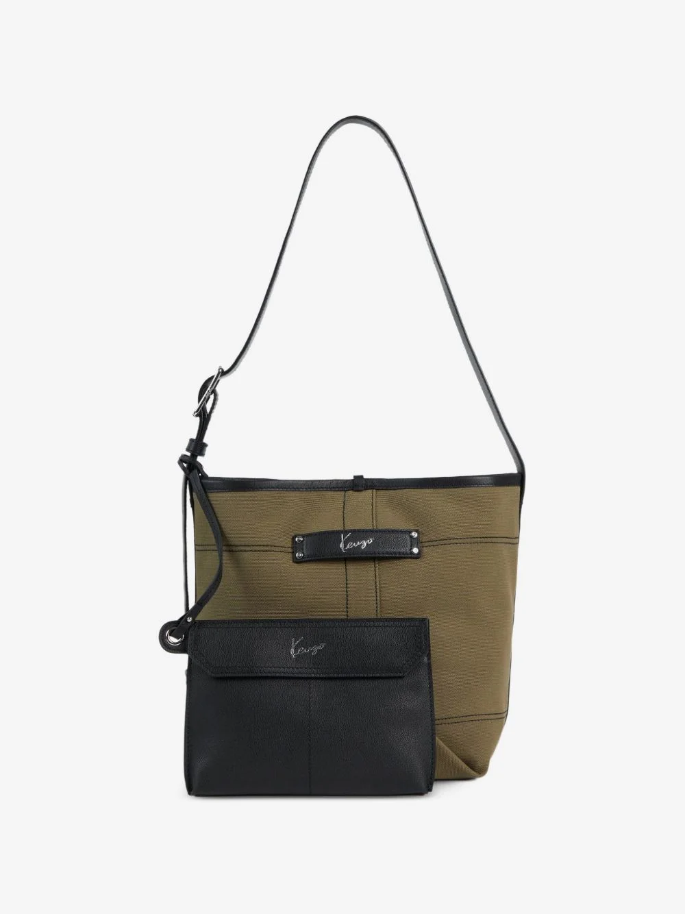 Utility reversible canvas calf leather bucket bag - 1